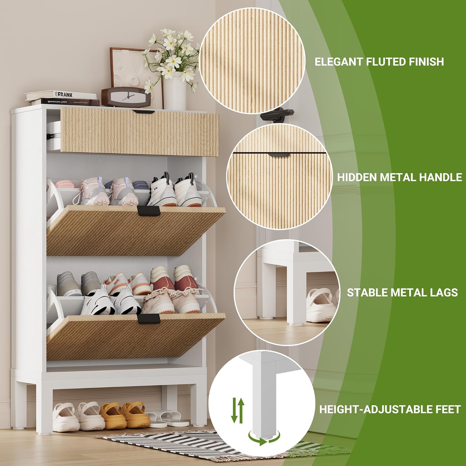 IDEALHOUSE Shoe Storage Cabinet with 2 Flip Drawers, Farmhouse Fluted Shoe Organizer with Metal Legs, Freestanding Hidden Slim Narrow Shoe Rack for Entryway, Foyer, Hallway
