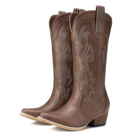 HISEA Rollda Cowboy Boots for Women, Cowgirl Boots, Comfortable Western Boots with Pointed Toe Stitched Embroidery for Country Concert Dancing Wedding Traveling Daily Outfits