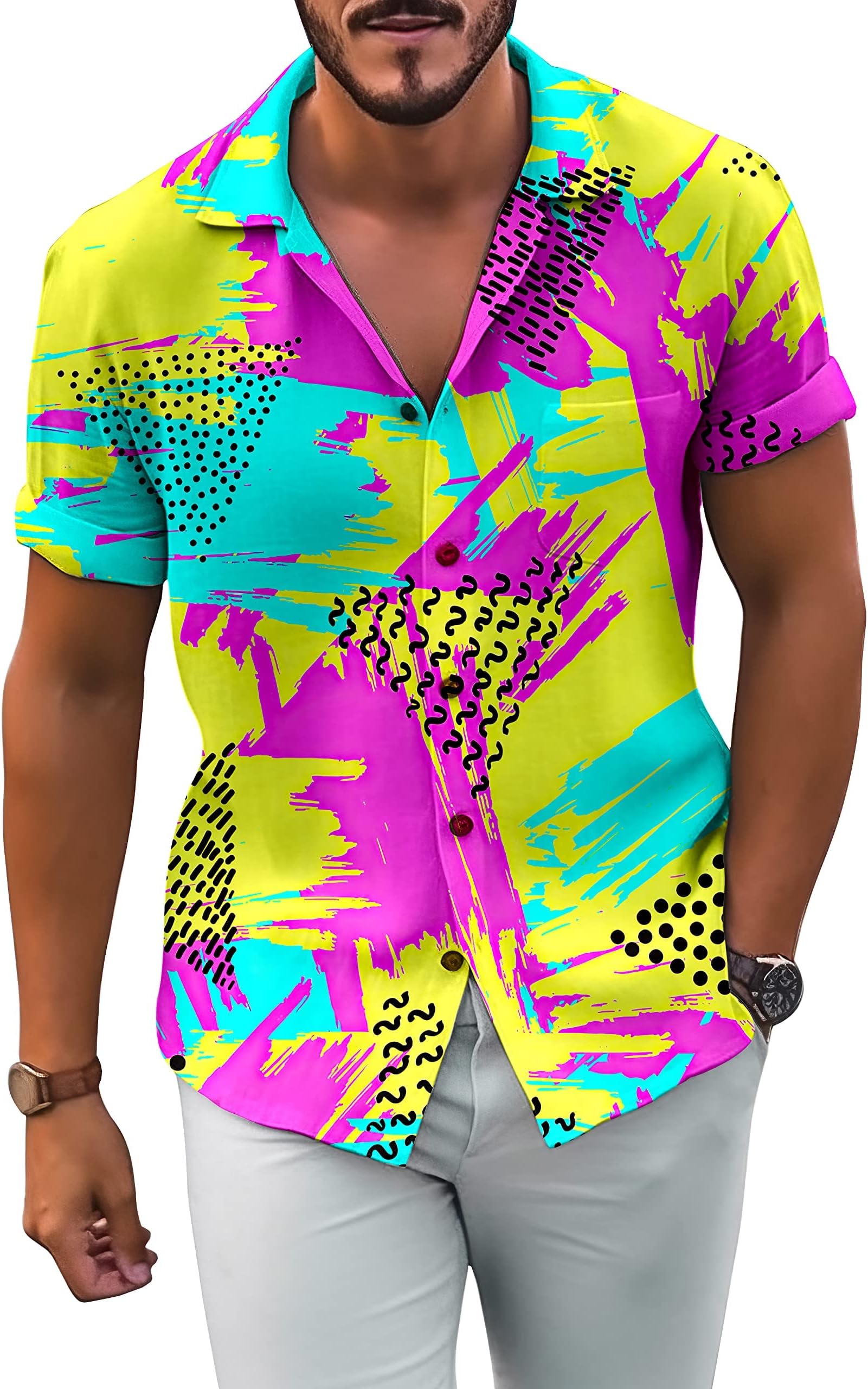 Fashion Shirts for Men Funny Disco Party Hawaiian Shirt Casual Button-Down Shirts