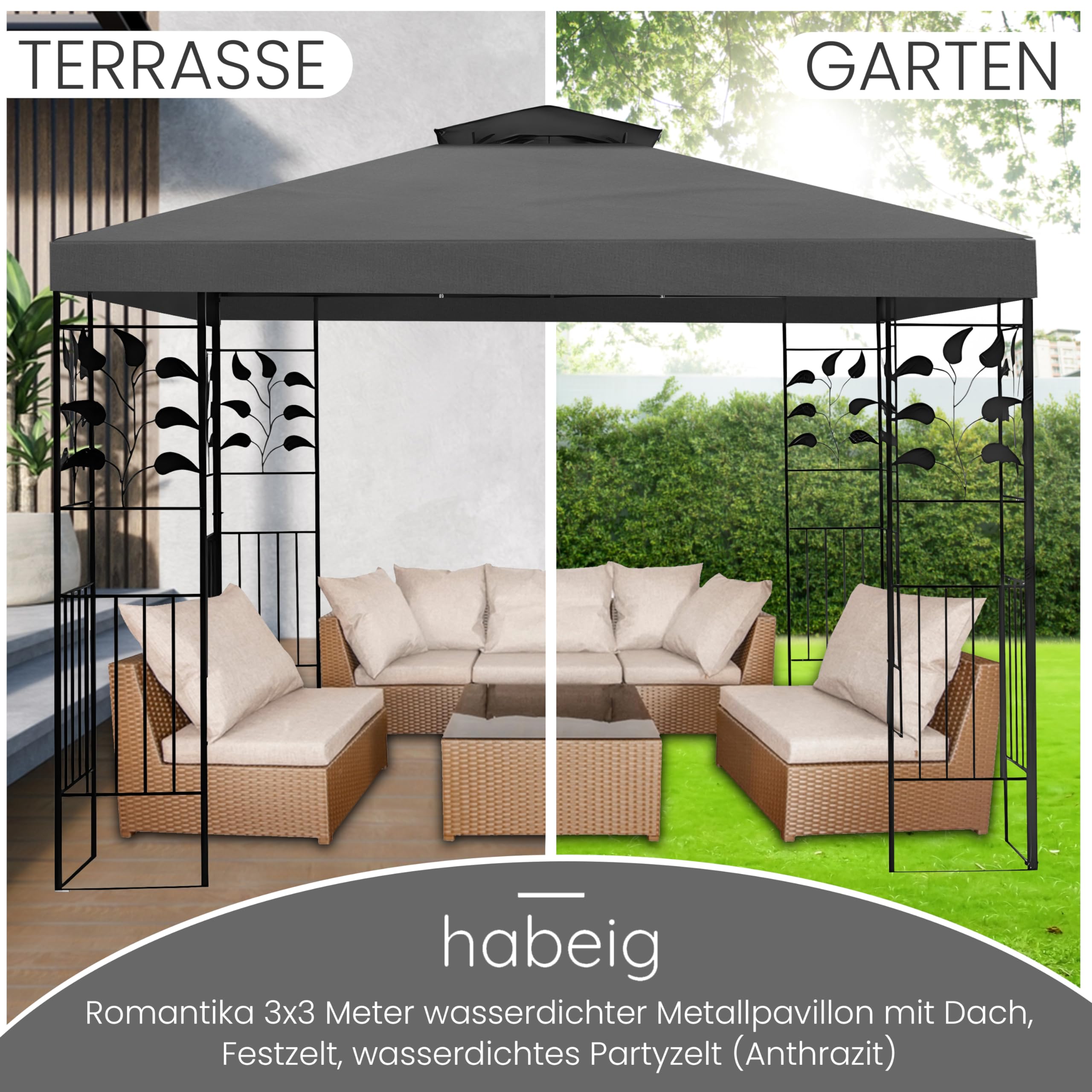 WASSERDICHTER Pavillon TOSKANA 3x3m Metall inkl. Dach Festzelt wasserfest Partyzelt (Anthrazit)