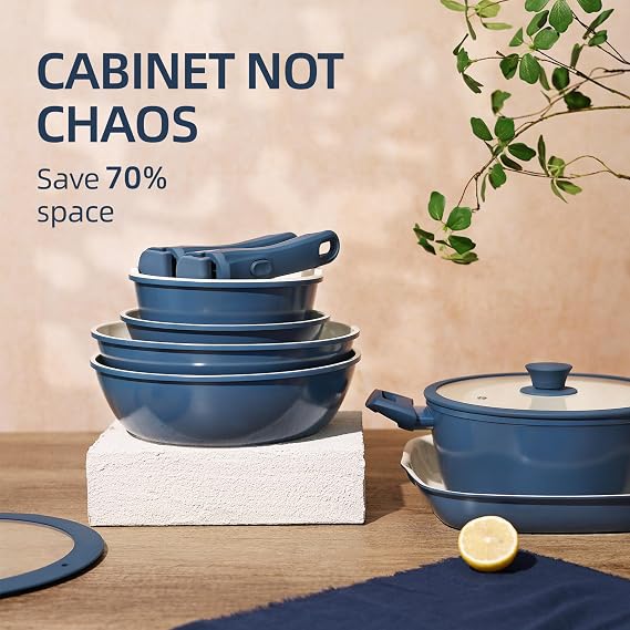 BECIGAR 23pcs Ceramic Pots and Pans Set, Nonstick Detachable Handle Cookware, Induction Kitchen Cooking Set with Removable Handle,include Frying Pans & Saucepans Oven Safe(Blue)