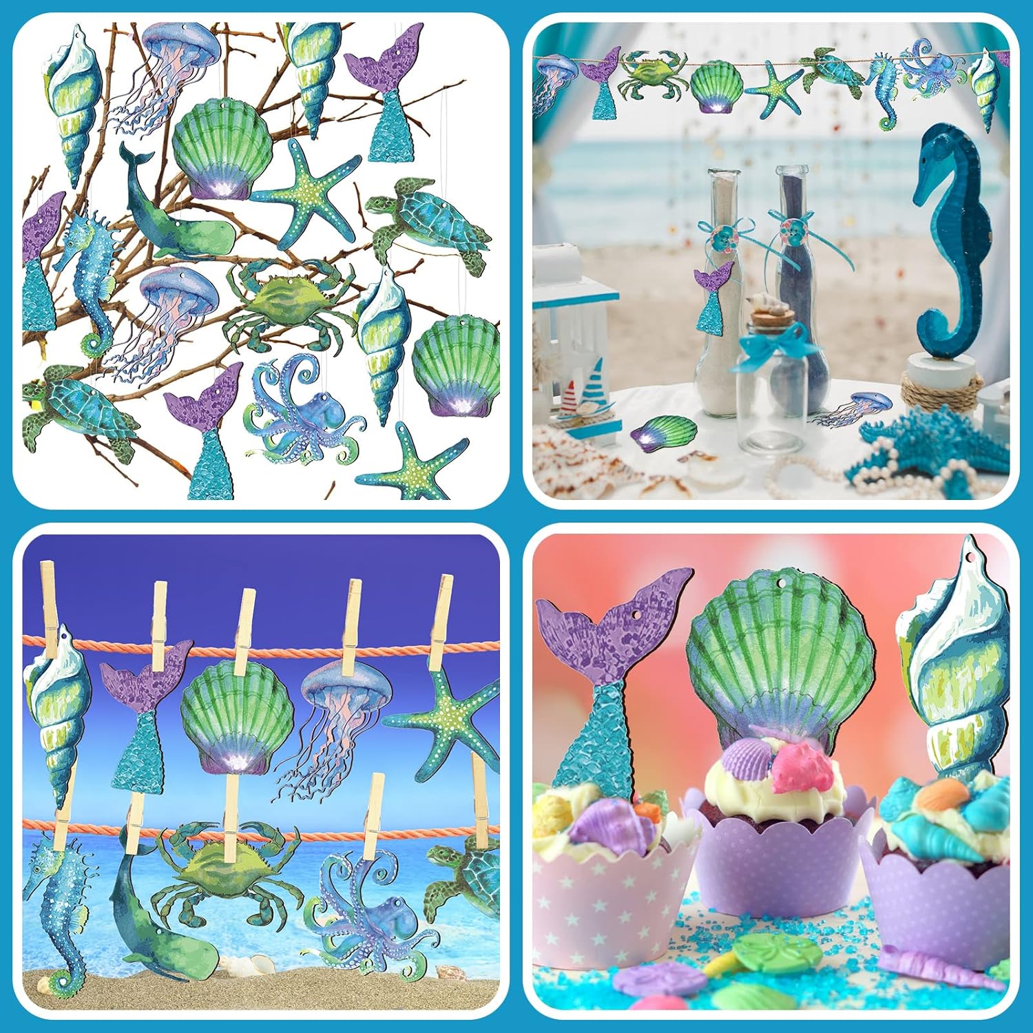 Chunful 30 Pieces Summer Tree Ornaments Christmas in July Wood Hanging Decoration Beach Wooden Slices Winter Tree Ornaments with String for Luau Hawaiian Party Supplies (Sea Style) - Image 4