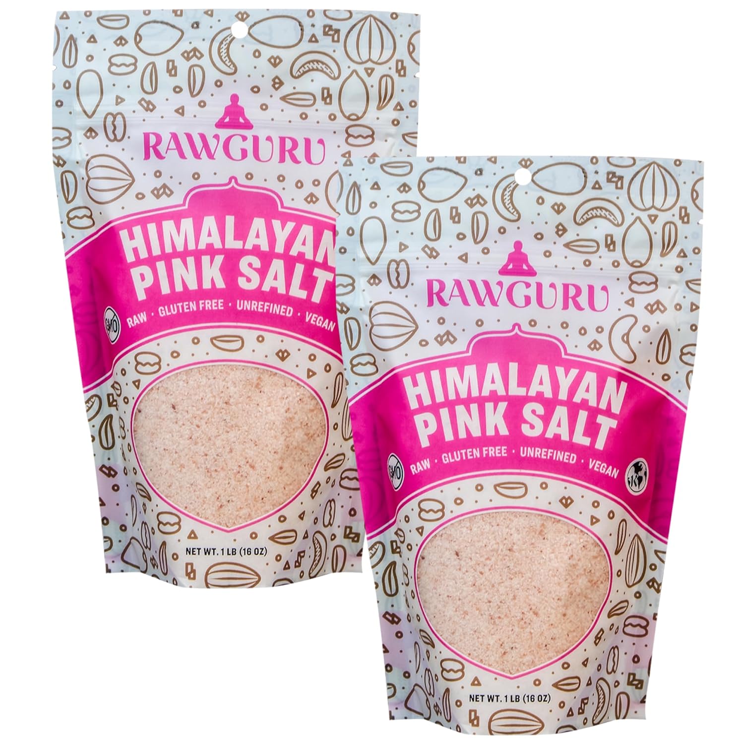 RawGuru Himalayan Pink Crystal Salt - 16 oz (Pack of 2) - Raw | Gluten-Free | Unrefined | Vegan | Kosher | Non-GMO