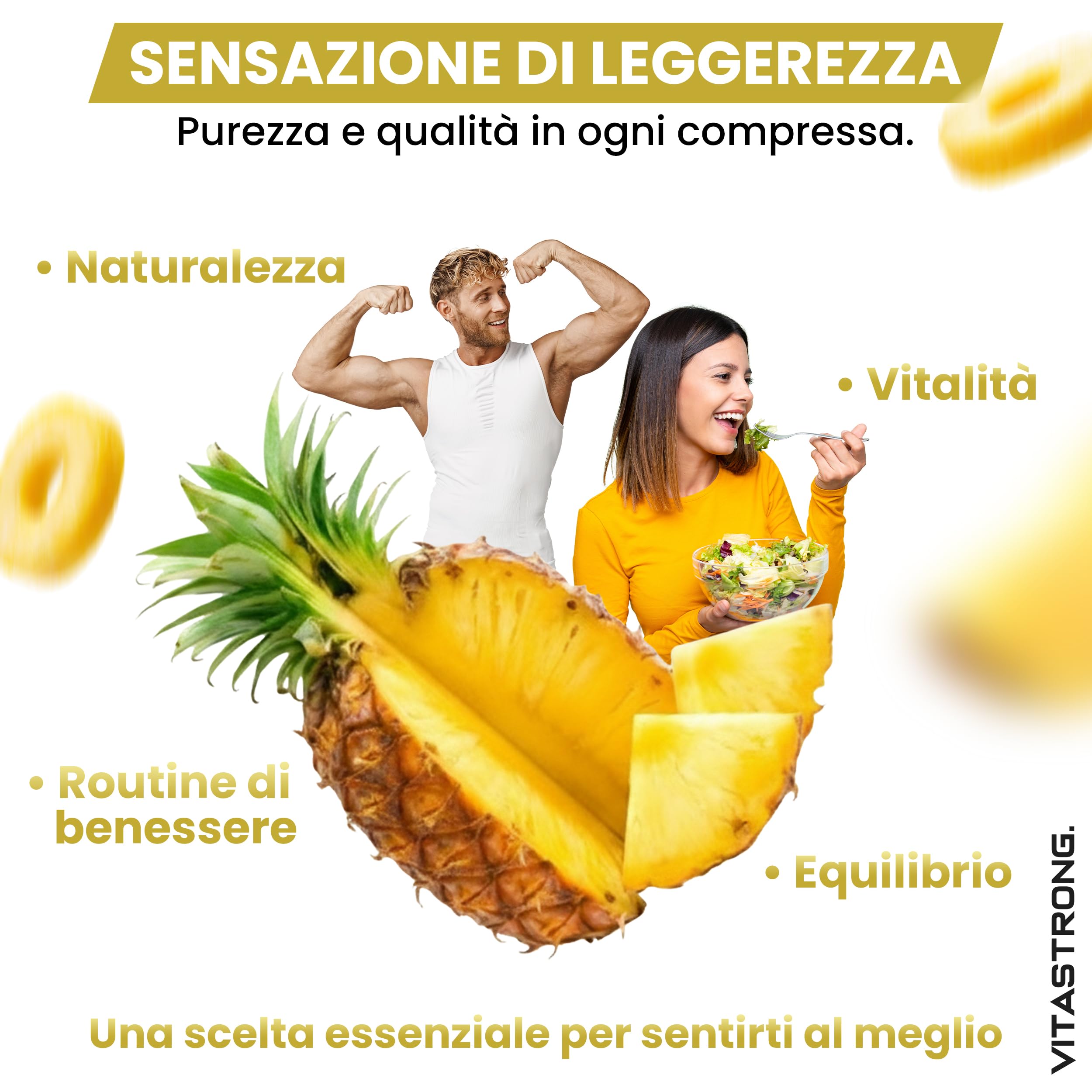 Bromelina Forte Drenante Vitastrong, Integratore Bromelina 5000 GDU, Vegana, Qualità Premium, 270 Compresse, Formula Complex con Centella Asiatica, Tarassaco e Meliloto, Bromelain Senza Glutine, OGM