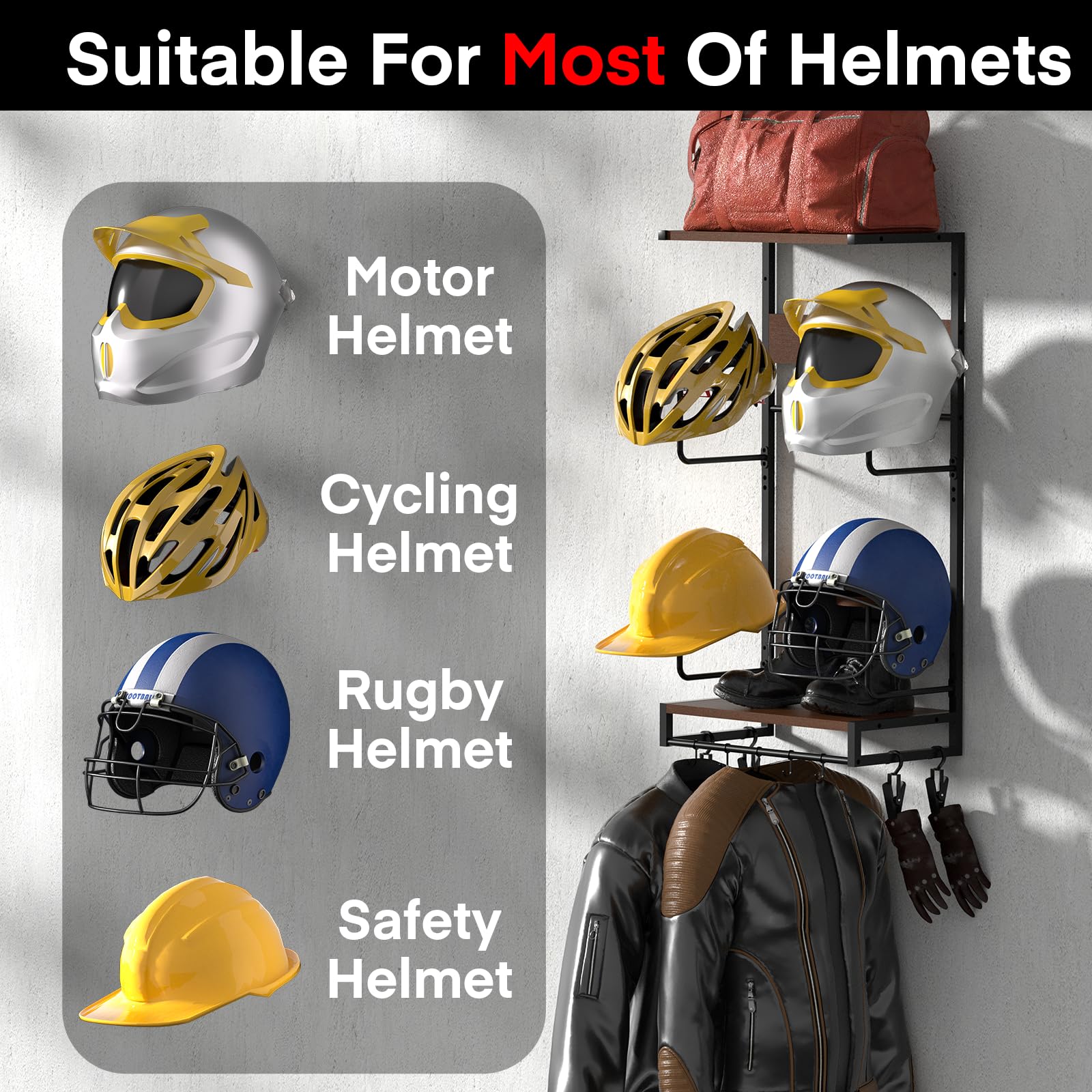 Helm Halterung-Motorradhelm Halterung Wand 4er Set | Motorradhalterung Plattenständer Display Organizer mit 2-lagigem Holzbrett,Motorrad Garderobe Mit Helmablage,Motorrad Zubehör
