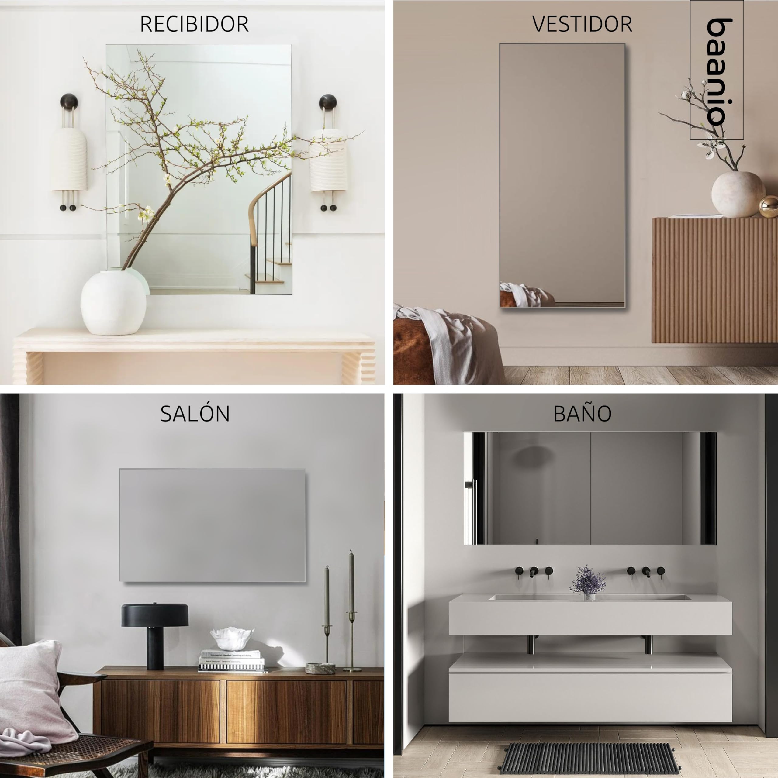 Espejo Baño Rectangular 80x140 cm Pure | Espejos de Baño con Antivaho | Vidrio Resistente 4 mm, Plata Ecológica sin Cobre, Fácil Instalación | Montaje Horizontal o Vertical | Diseño Moderno