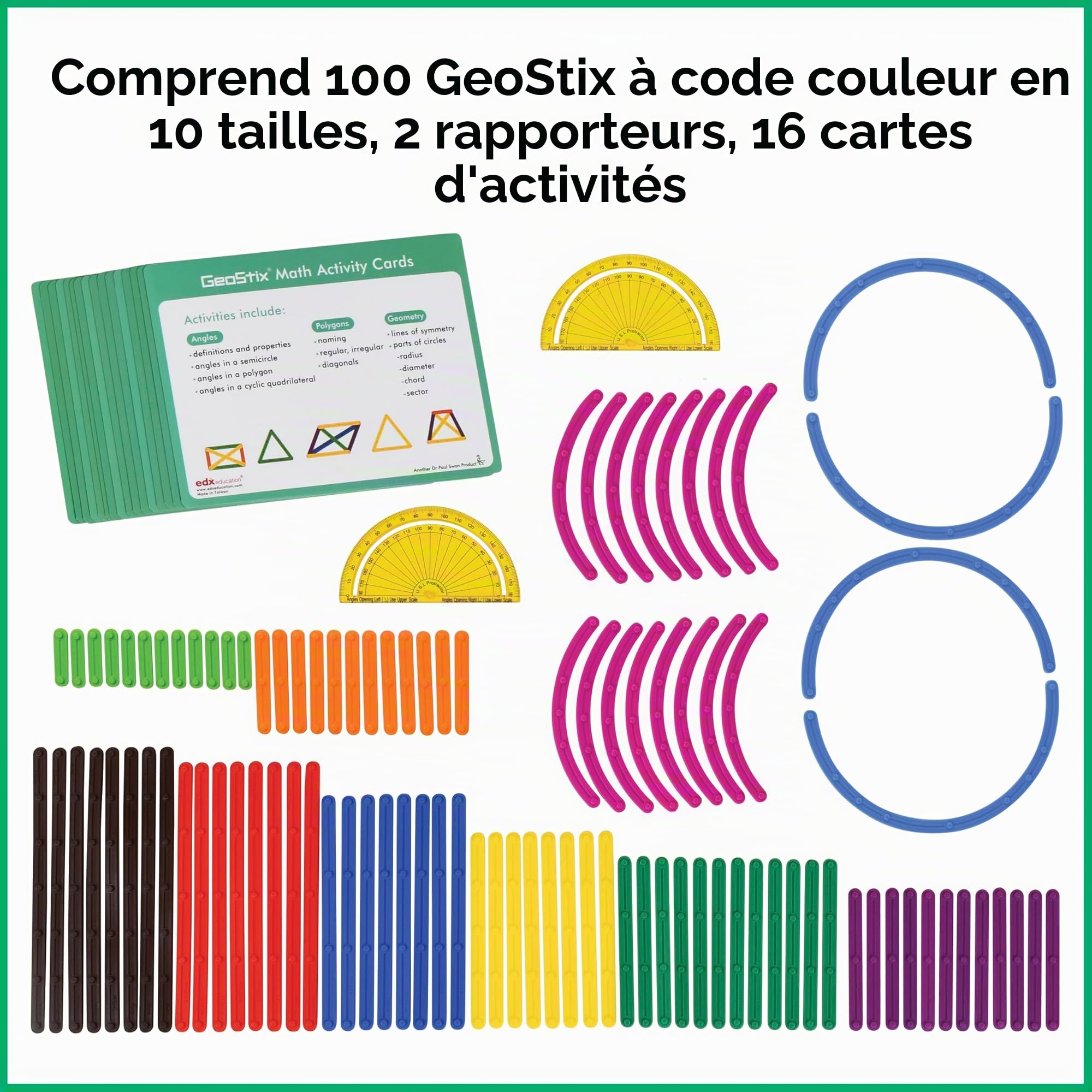 edxeducation GeoStix Deluxe Set | Teach Geometry | 100 Construction Sticks, 2 Protractors, Activity Cards | Manipulative for Math, Art and Fine Motor Skills