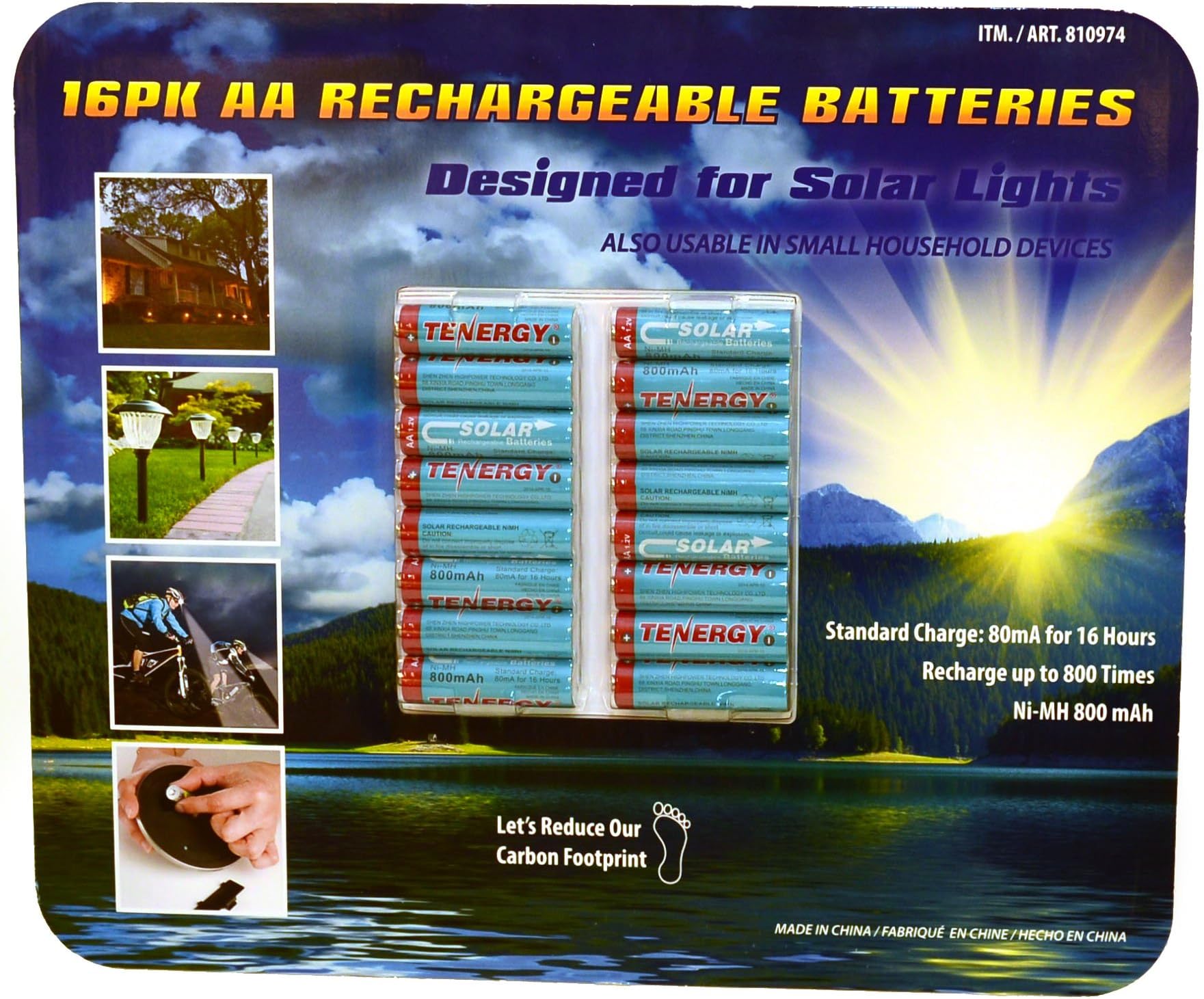 Tenergy 16 Pack AA Rechargeable Batteries - Designed for Solar Lights & Small Household Devices