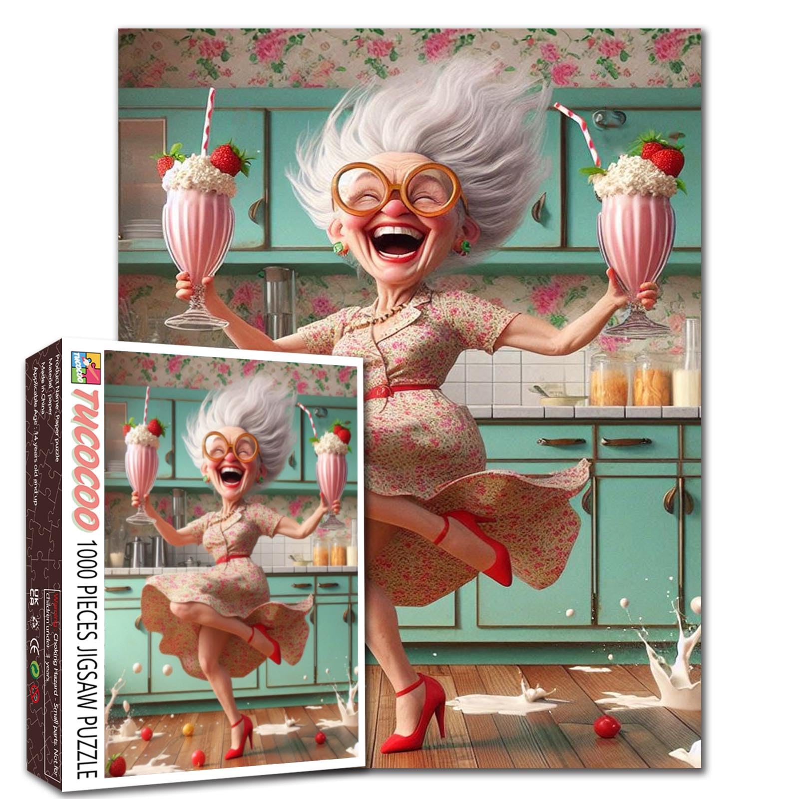 Grandma Dancing Puzzles for Adults 1000 Pieces Strawberry Sundaes DIY Handwork Puzzles Art Jigsaw Puzzles for Home Decoration Difficult and Challenge Large Puzzle Family Games Unique Gift — image 1
