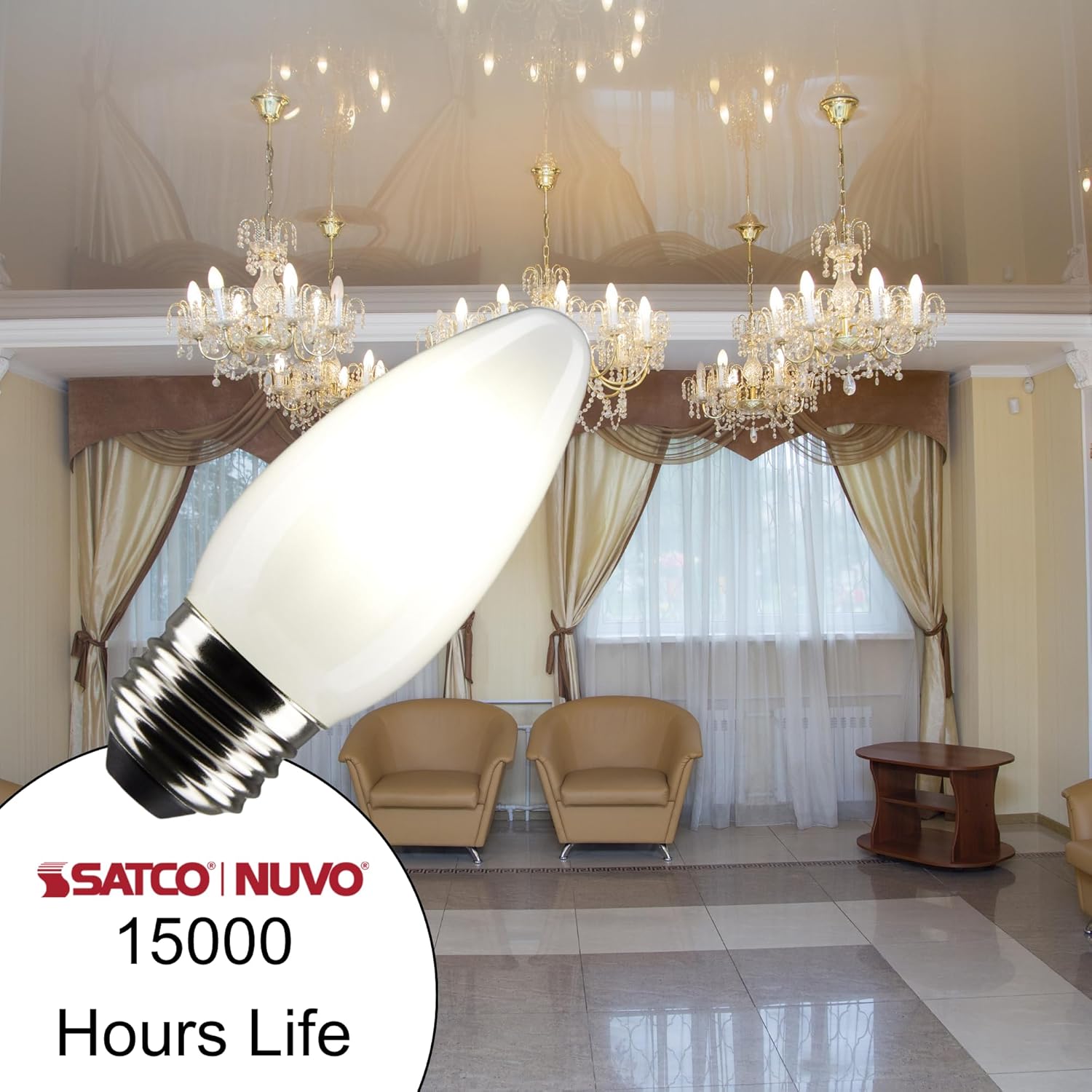 Satco S21287 4 Watt B11 LED Light Bulb, Frost, Medium Base (E26), 90 CRI, 2700K Warm White, 120V, Dimmable, 350 Lumens (2 Pack)