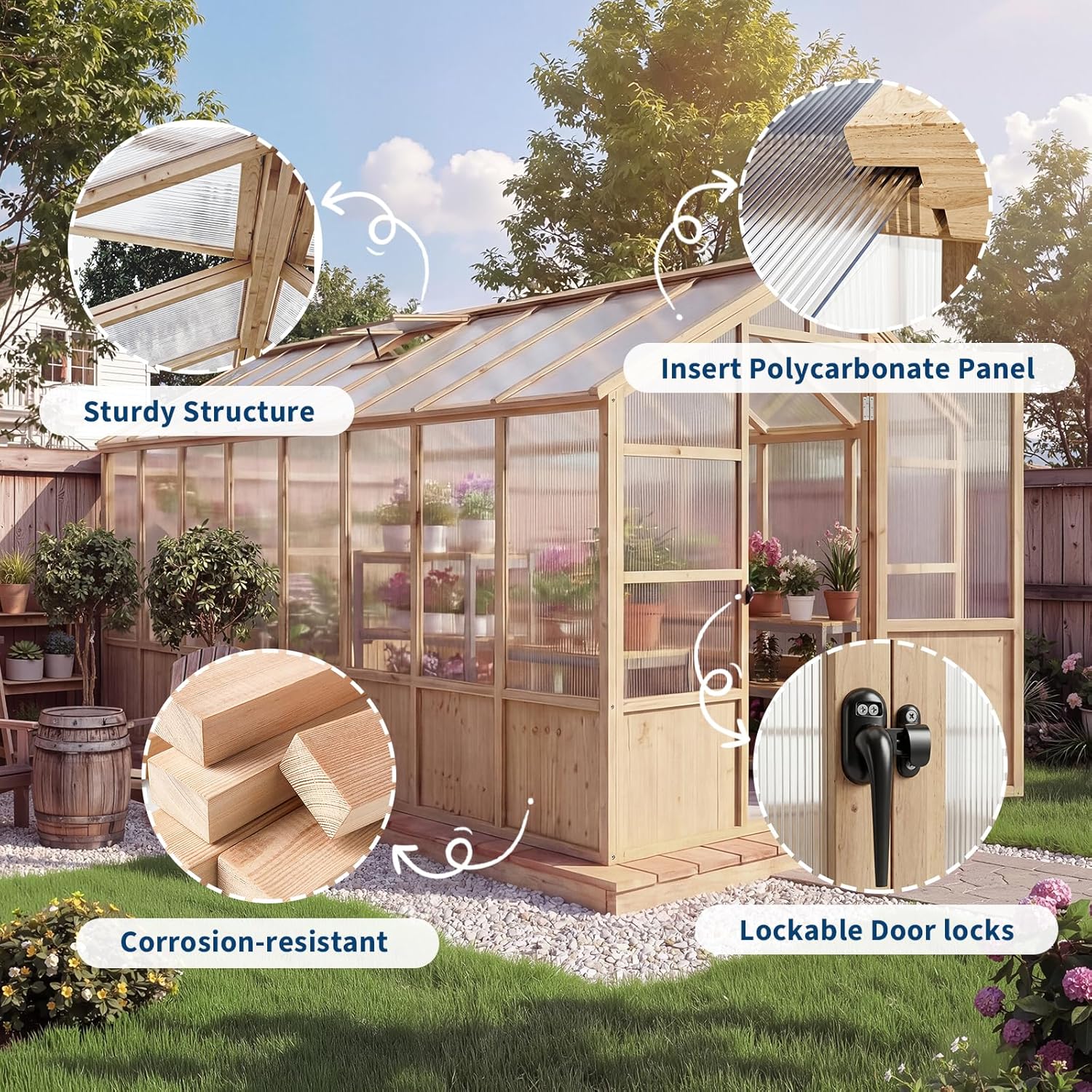 8'x16' Wooden Greenhouse for Outdoor, Large Walk-in Greenhouse Kit with Ventilated Window, Door & Polycarbonate Panels, Heavy Duty Wood Frame Green House for Patio Garden Backyard