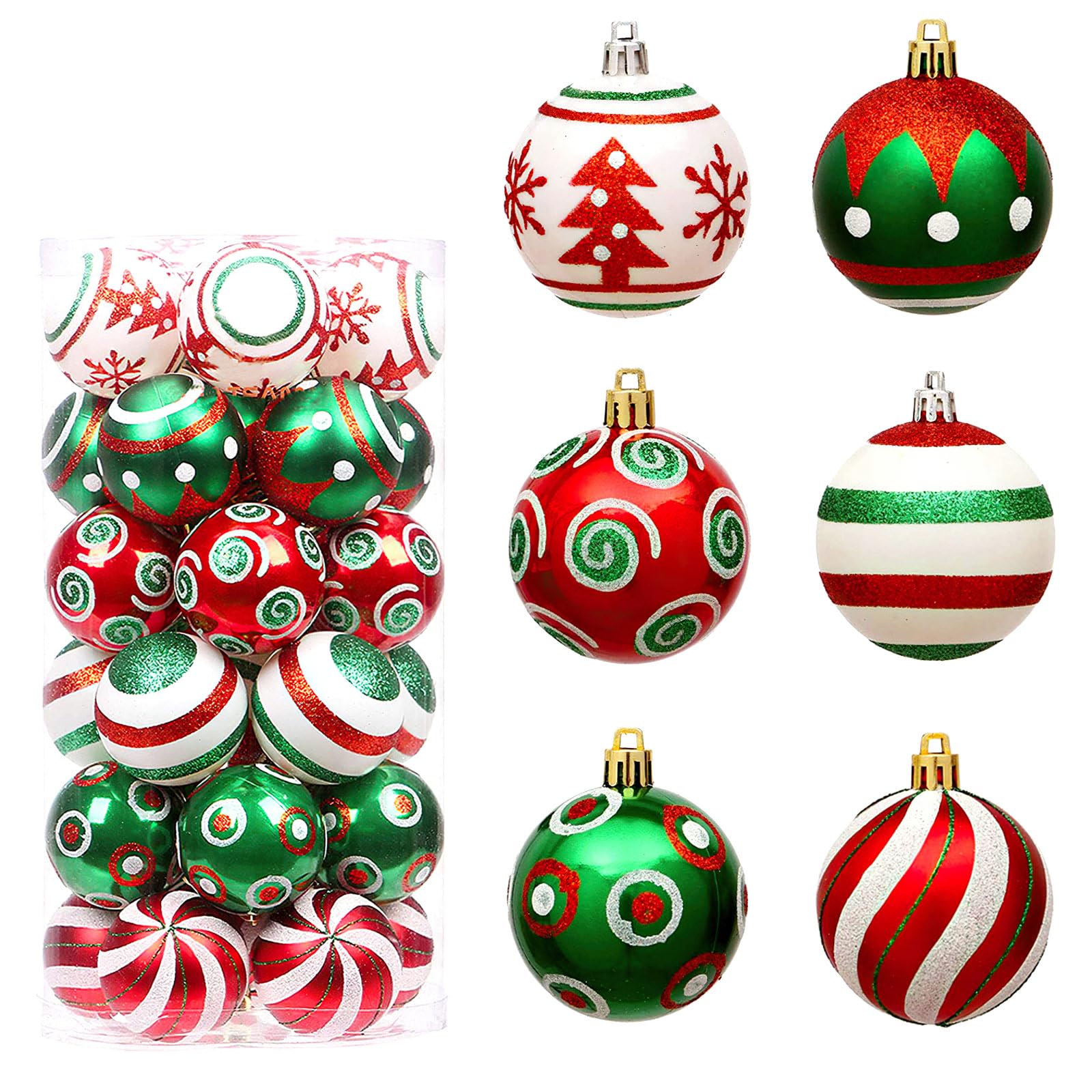 Peamoo A 30Pcs Christmas Tree Baubles,Christmas Tree Pendant,2.4 Inch Hanging Balls Ornaments,Glittering Red Nd Green Baubles,Shatterproof Balls With Strings For Xmas Party Holiday (A)