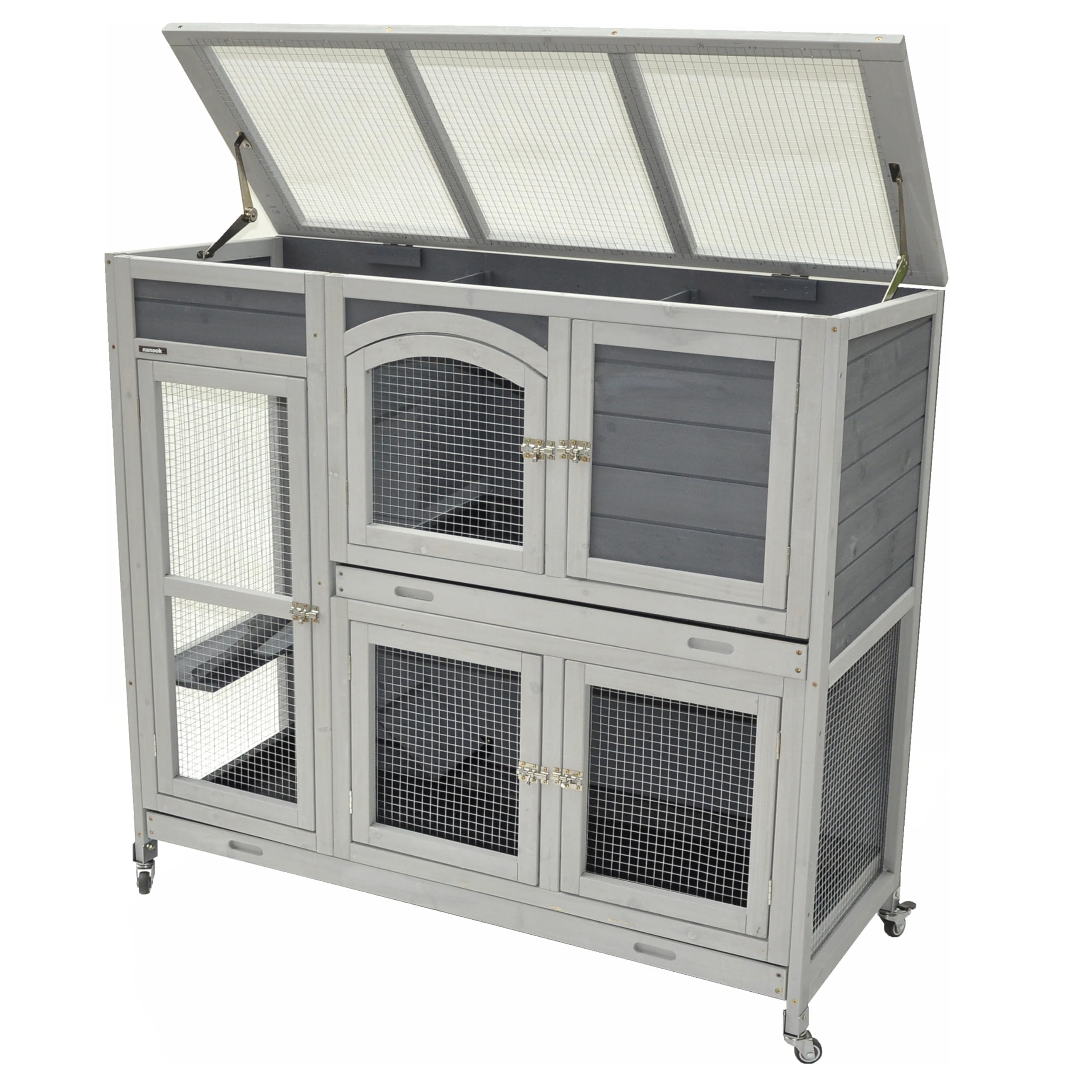 nanook Indoor Kleintierstall Hamster Meerschweinchenstall Zwergkaninchen seitliche Aufgänge für mehr Platz - lasiert - feststellbare Rollfüße - praktische Dachöffnung - 111 x 45 x 107 cm - grau