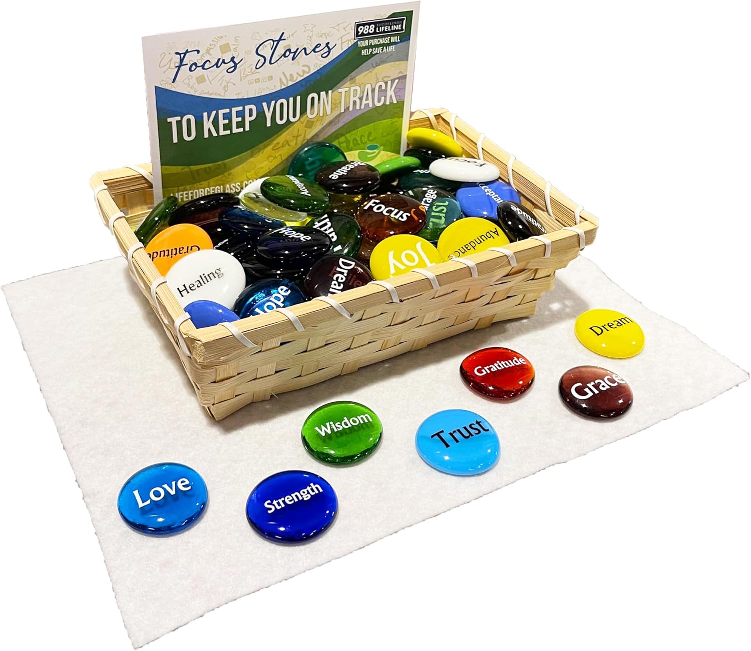Focus Glass Stone Assortment of 100, Motivational, Inspiring and Encouraging Single Words on Glass Stones, with Retail Display.
