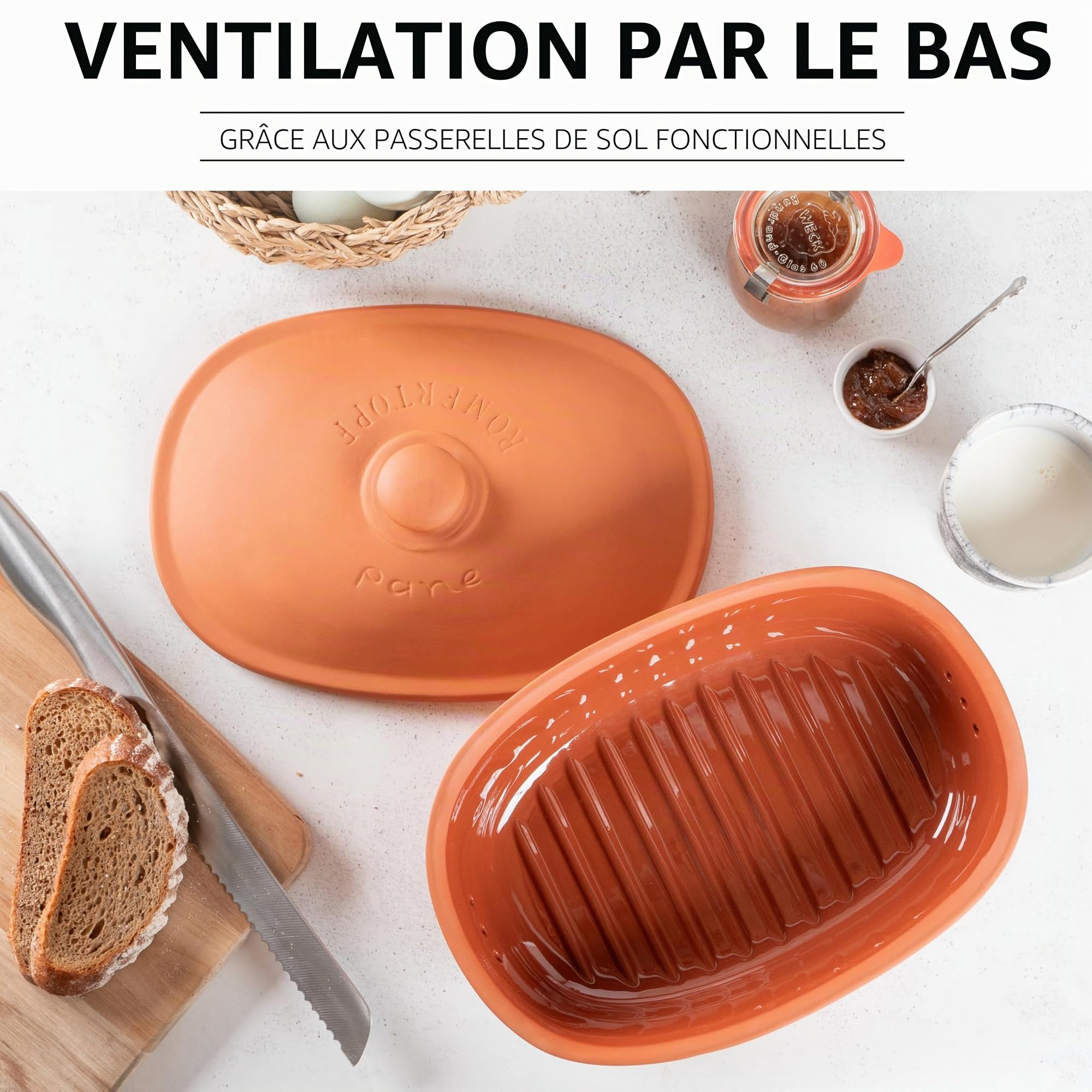 Römertopf Pot à pain ovale en terre cuite naturelle 2 L, système de ventilation et régulation d'humidité, 30 x 21 x 15 cm, terracotta