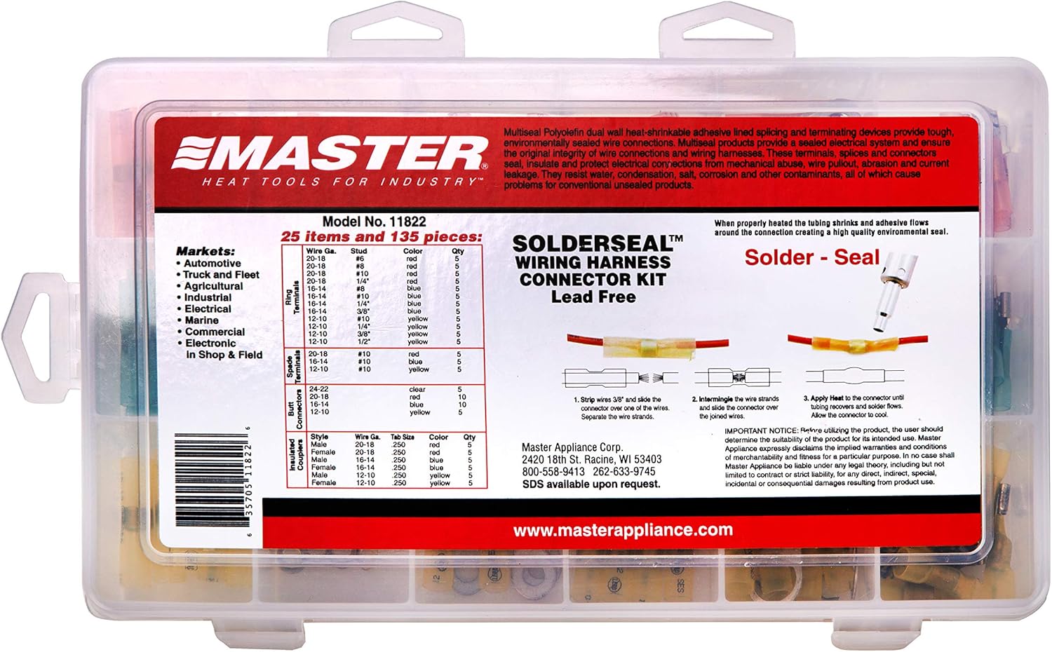 Master Appliance 11822 Industrial Quality Solderseal Heat Shrink Butt Connectors, Ring Terminals, Spade Terminals, Coupler Assortment Kit, Waterproof Electrical Marine Automotive Terminals, 135 Pieces