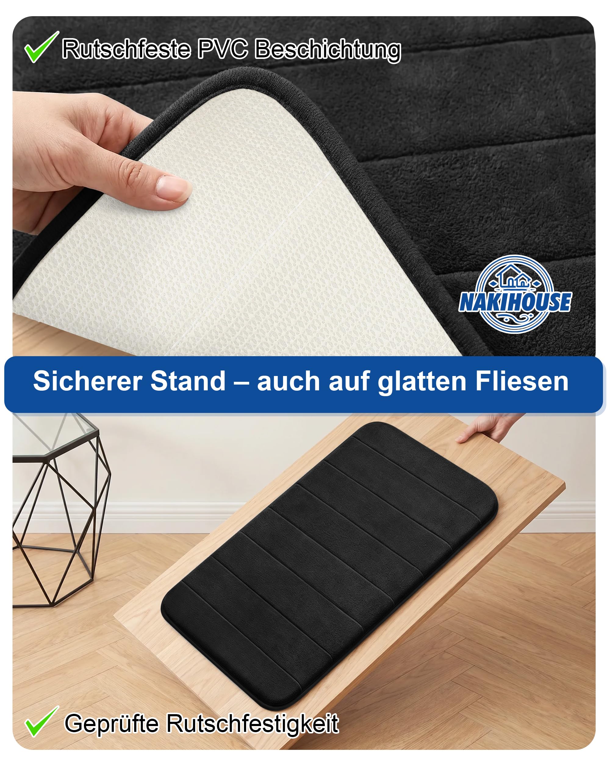 Badezimmerteppich Set 3 Teilig aus Dicke Memory Foam rutschfest Saugfähig Waschbar Weich Schnell Trocknend Badematte Set und U Förmige wc Vorleger für Dusche, WC & Badewanne,Schwarz