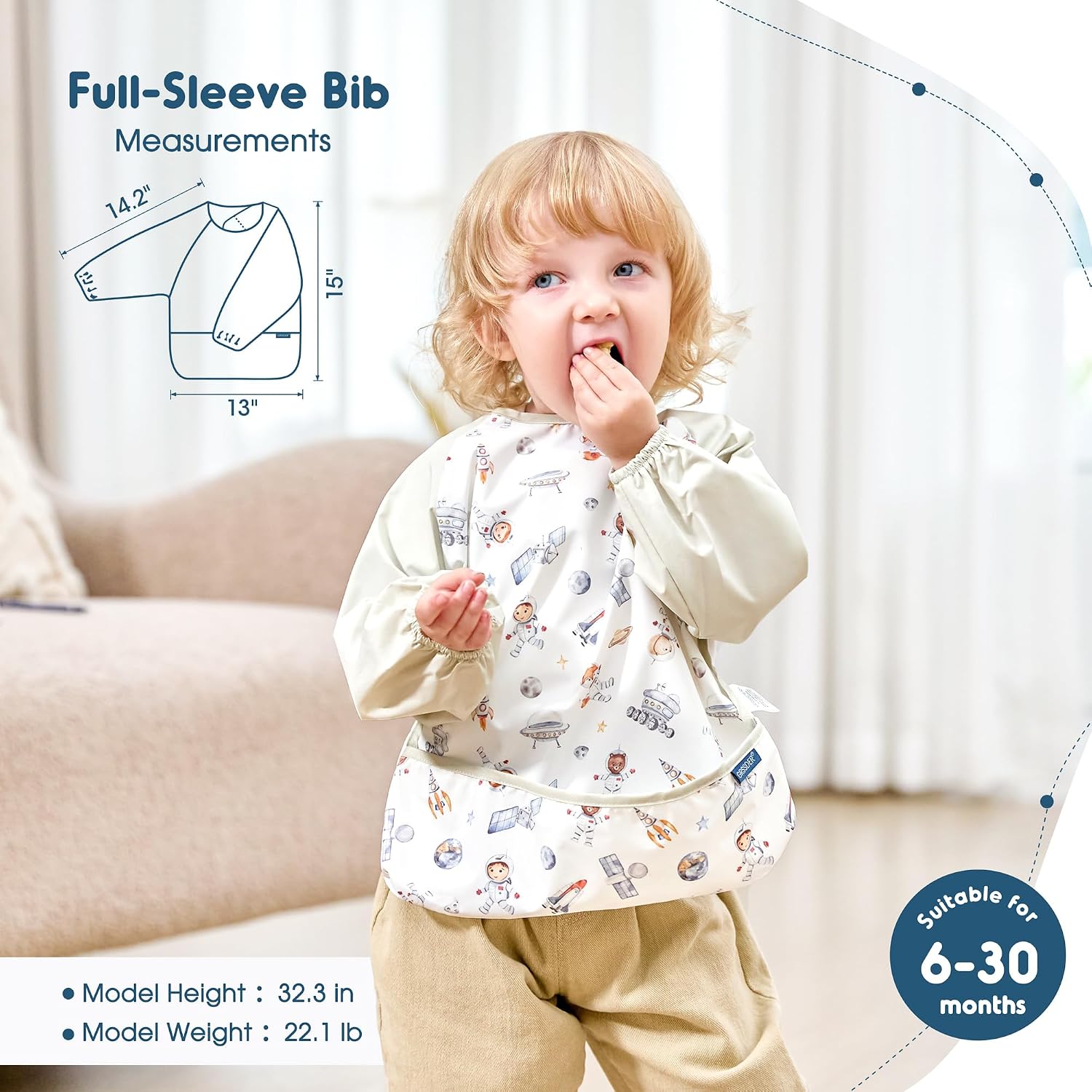 GRSSDER 2 Pack Long Sleeve Baby Feeding Bibs, Super Soft Lightweight Waterproof Coverall Baby Led Weaning Bib with Large Food Catcher Pocket, Adjustable and Easy Clean for 6-30 Months
