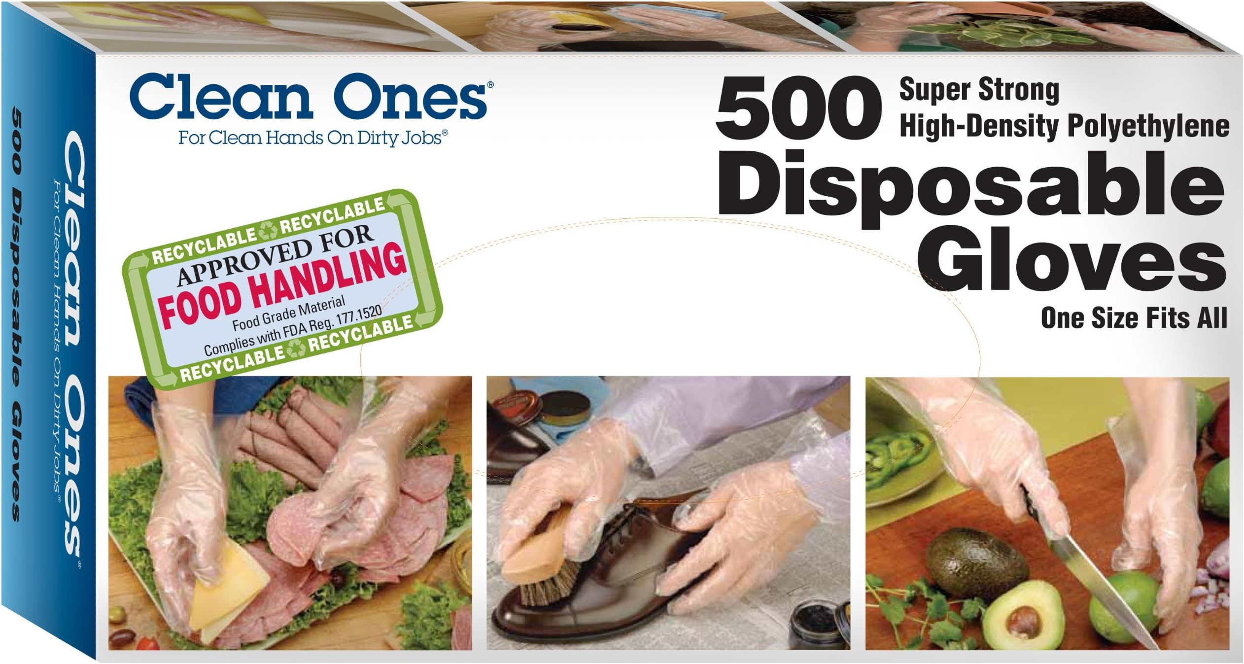 Clean Ones Disposable HDPE Poly Gloves, One Size Fits All 500ct