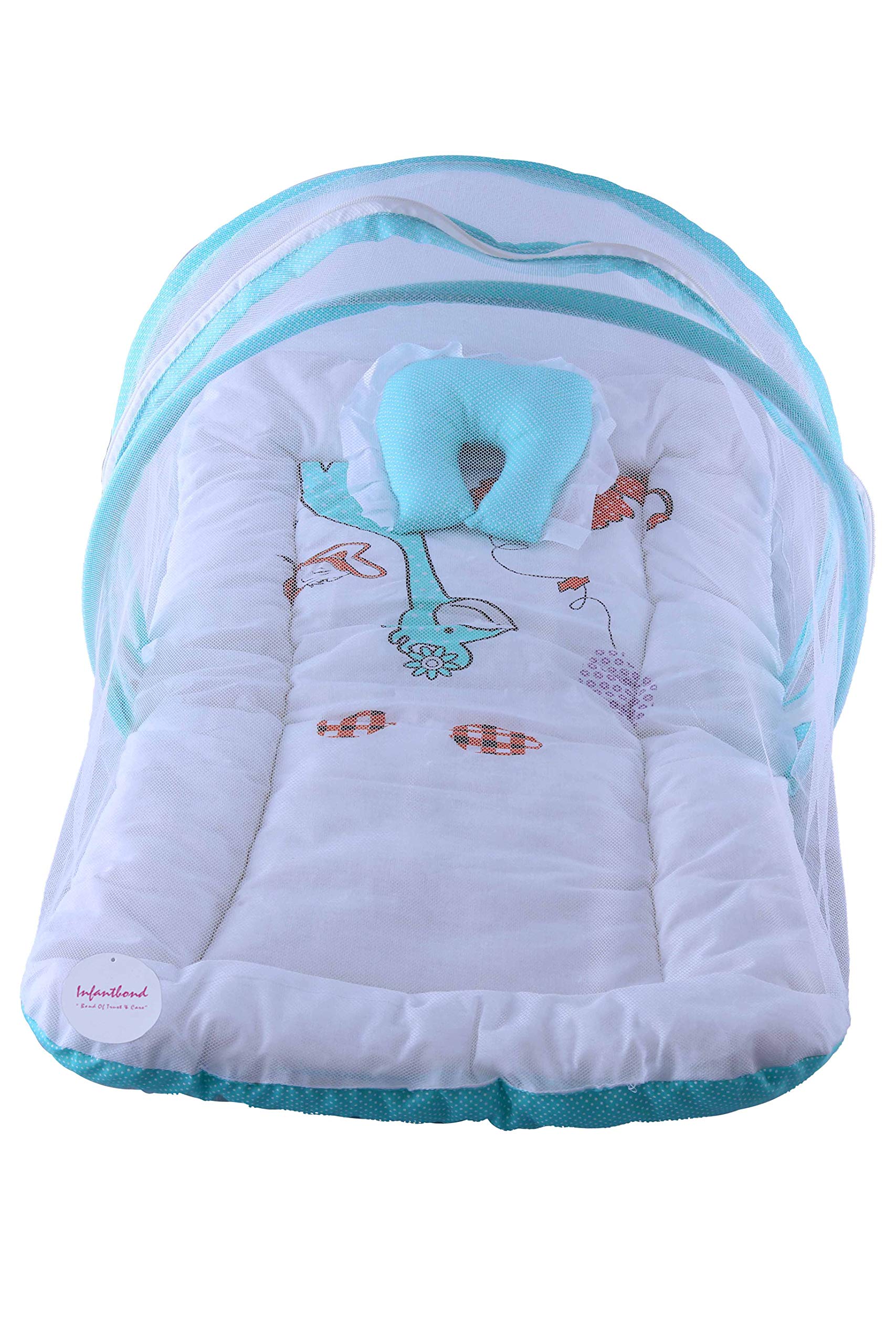 Infantbond Baby Folding Digital Print Mattress with Mosquito Net(0-6 Months)(Size: L-32Inchs, B-19Inchs) (Sea Green)