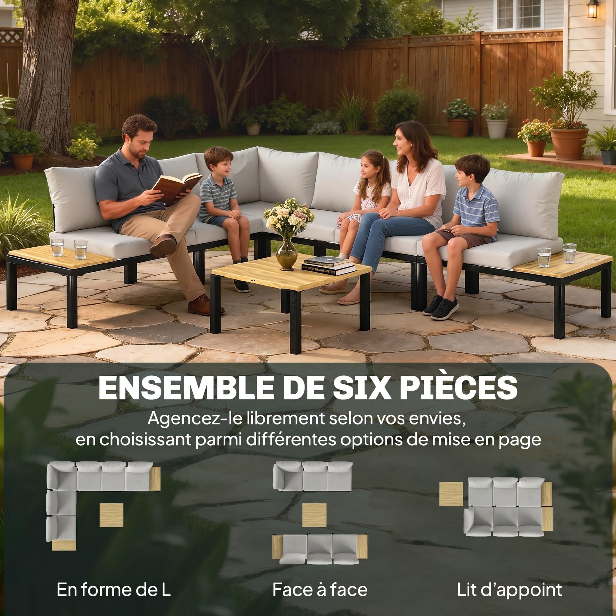Outsunny Salon de Jardin Modulaire 6 Pièces Design Gris Anthracite | Mobilier de Jardin, Table Basse, Plateaux Latéraux, Ensemble Canapé Extérieur, Transformable en Lit, Terrasse Patio