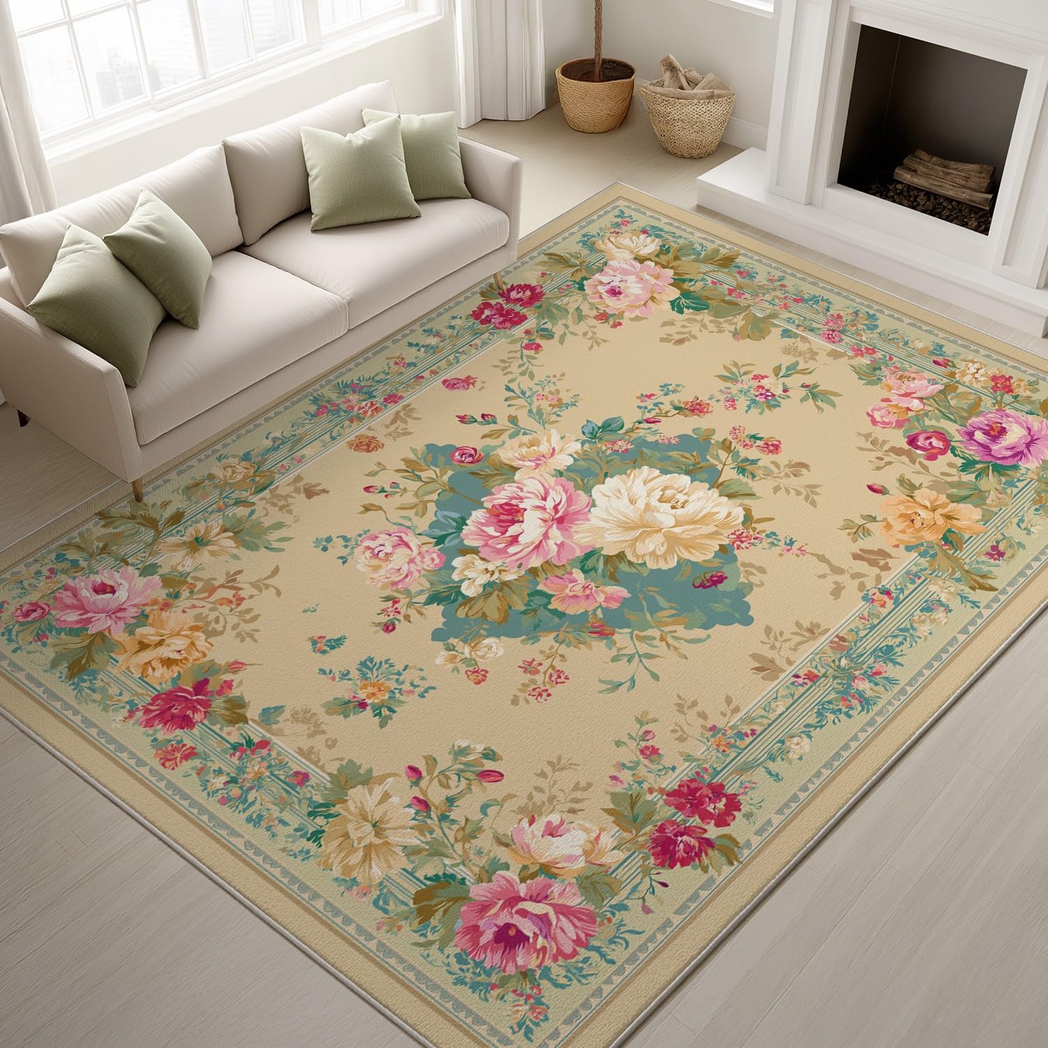 Grand tapis de salon doux aux finitions rétro florales haut de gamme