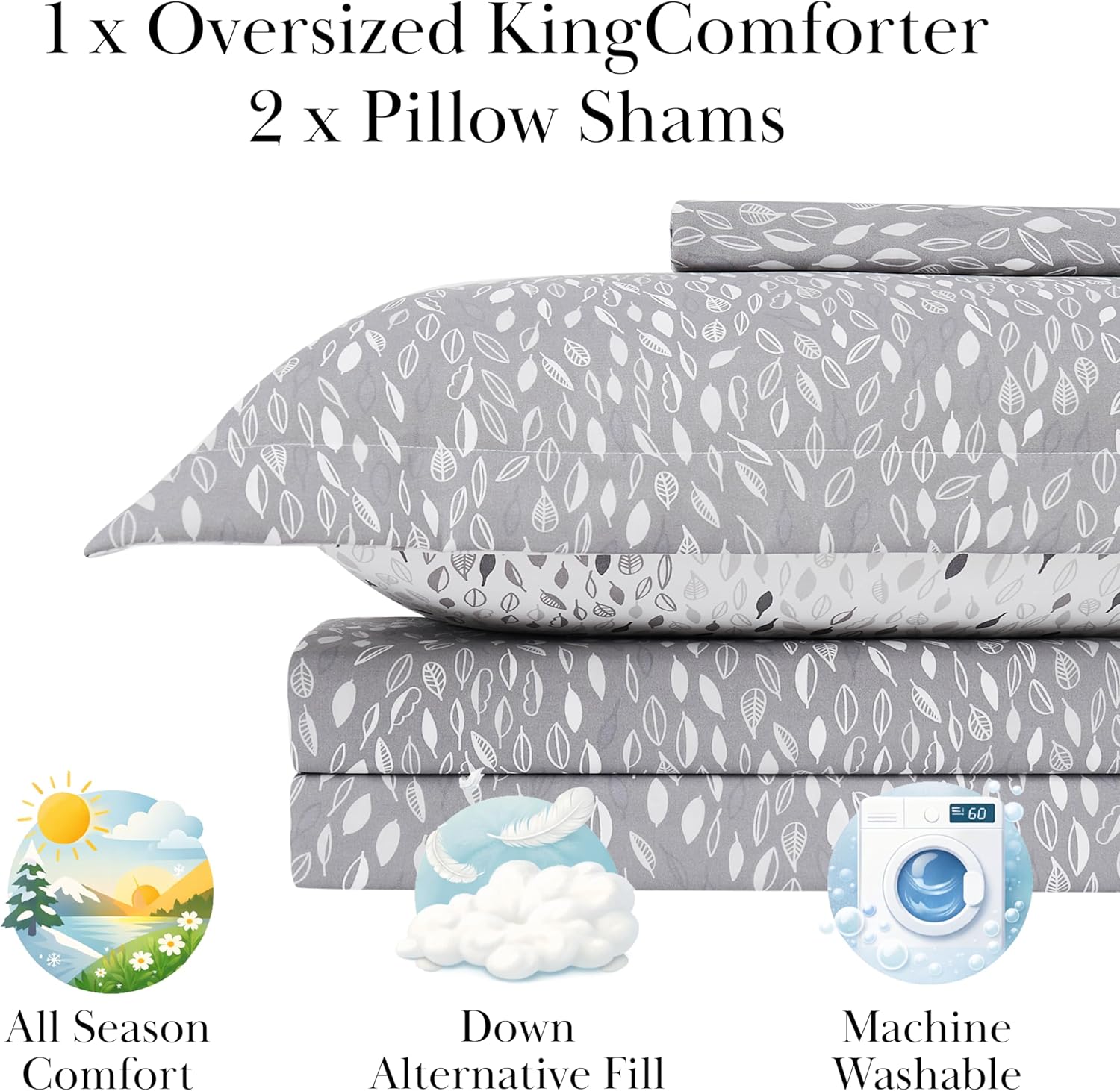 Southshore Fine Living, Inc. Botanical Leaves Collection - King Comforter Set, Premium Bedding, All-Season Down Alternative, Soft Bedspread, Oversized 3-Piece Comforter Set King/California Size, Grey