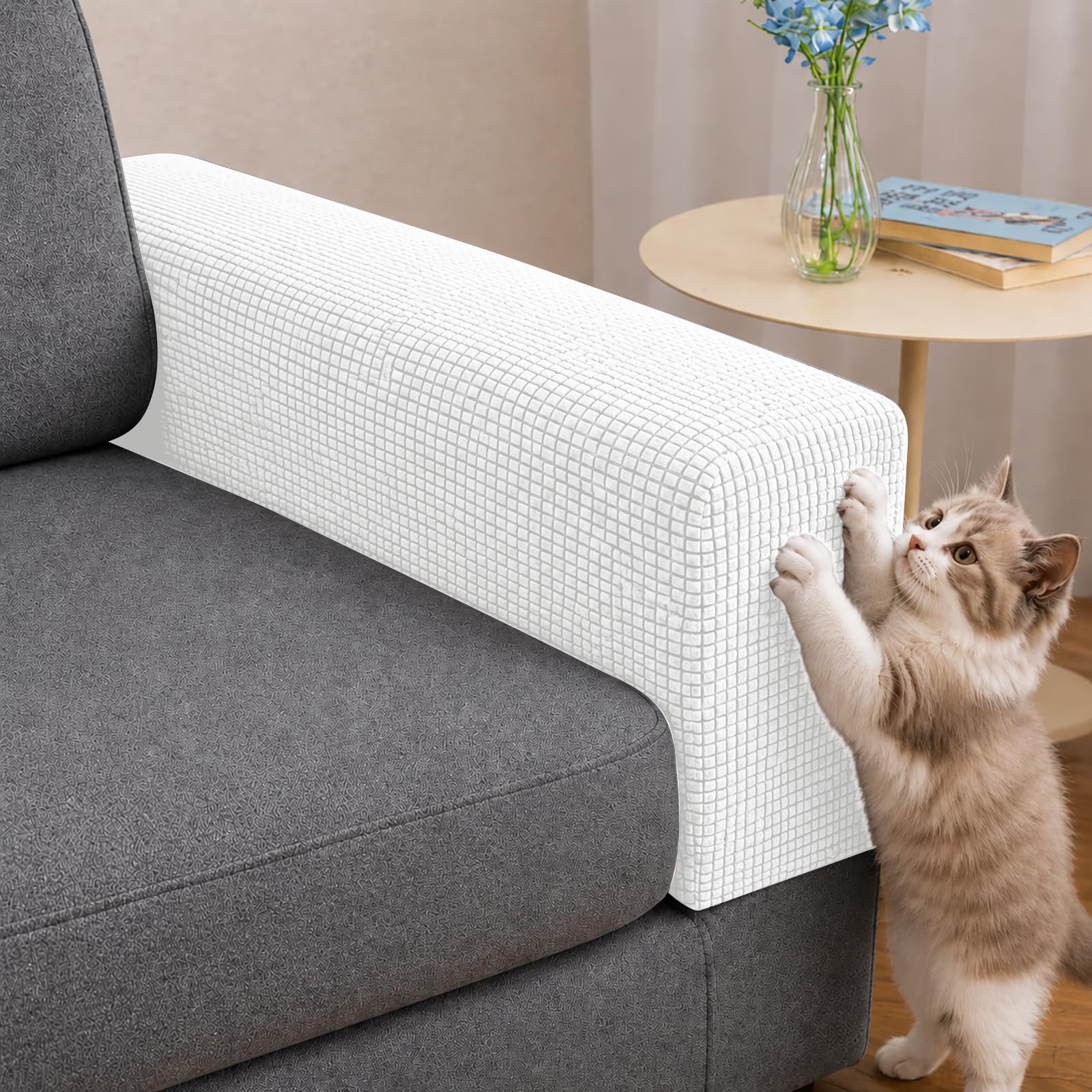 Hiiksolo Sofa Arm Covers Set of 2, Stretch Washable Armrest Covers, Ivory