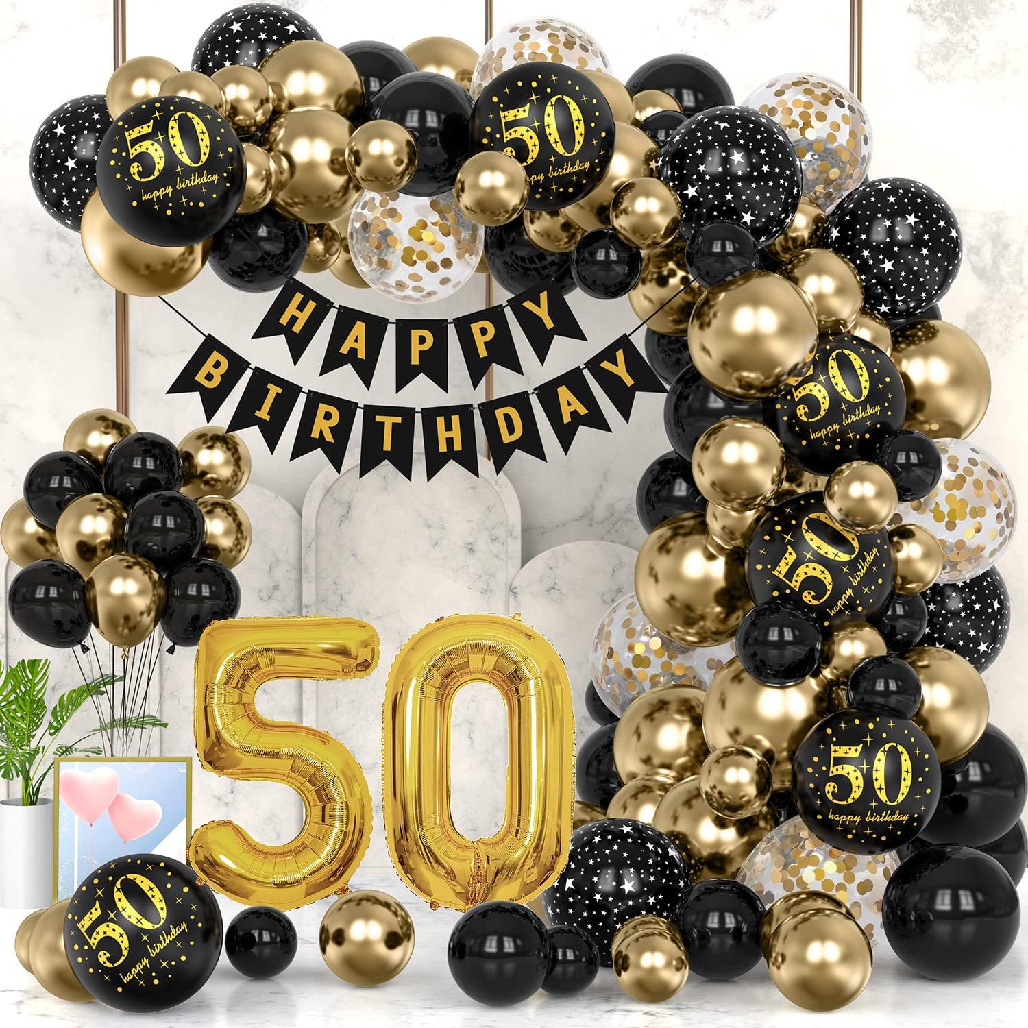 50th Black Gold Party Decoration Balloon Sets 40 Inch Gold Giant Number balloons with Birthday Banner Black Gold balloon Arch Garland for Women Men Girls Boys Birthday Decor(50th)