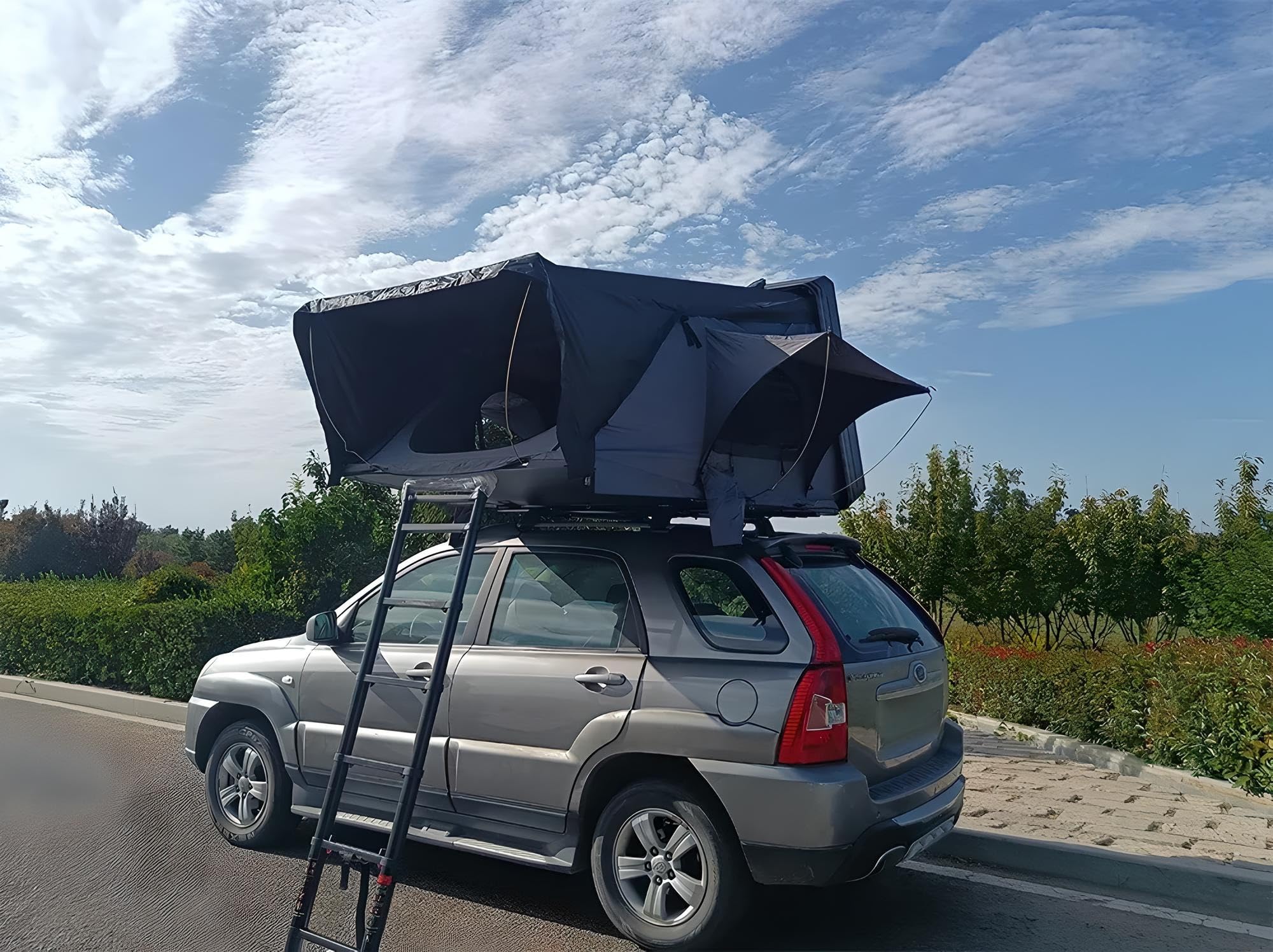 Tienda de campaña para techo de coche, aluminio, 2 tamaños, 5 personas, color gris y negro, LED, opt. toldo o toldo (gris/negro, 190 x 210 x 110 cm, solo tienda de techo)