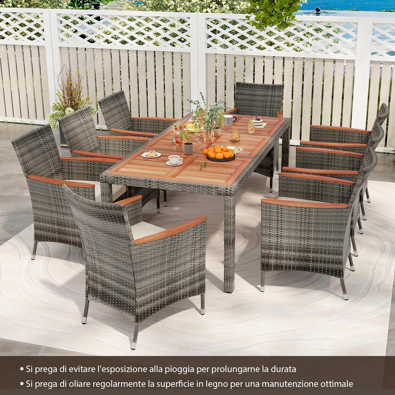 COSTWAY Set 9 Pezzi da Pranzo per giardino, Set di Mobili Esterno in Rattan PE, con 1 Tavolo Rettangolare e 8 Sedie con Cuscini, Ideale per Giardino Piscina e Cortile