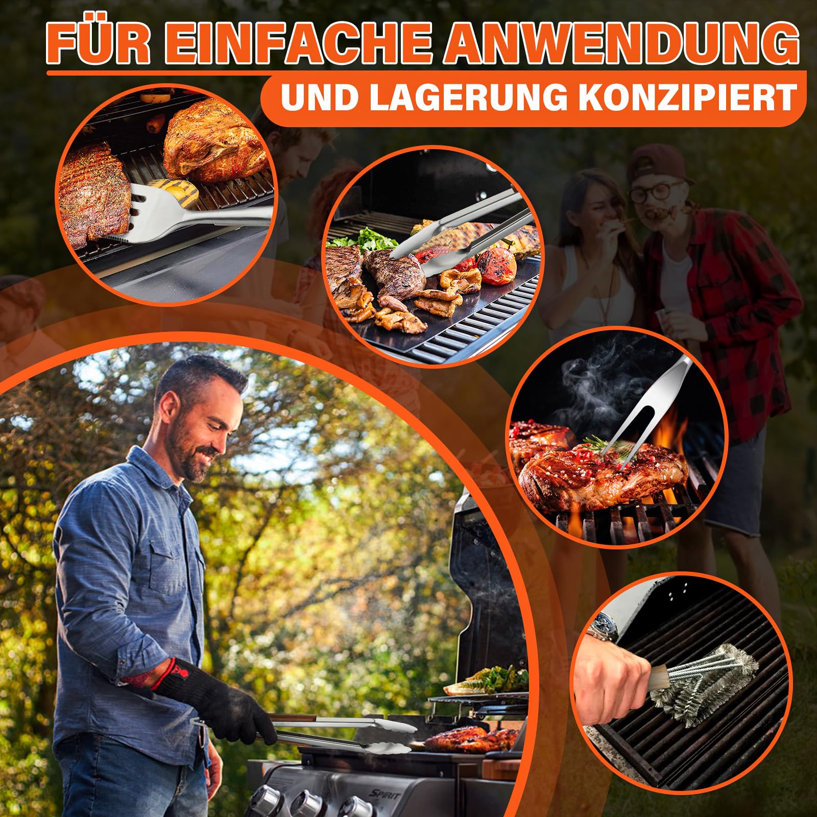 TIVOLI Grillbesteck Set 4-teilig, aus hochwertigem Edelstahl Gefertigt, mit Sicheren Holzgriffen, inklusive Grillzange, Pfannenwender, Grillbürste und Grillgabel – Grill Geschenke für Männer