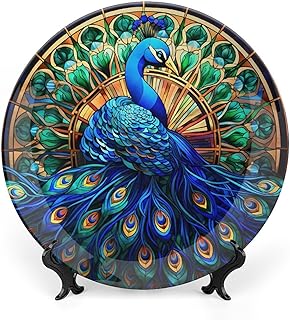 Decorative Plates, Watercolor Peacock Stained Glass Design Ceramic Dinne...