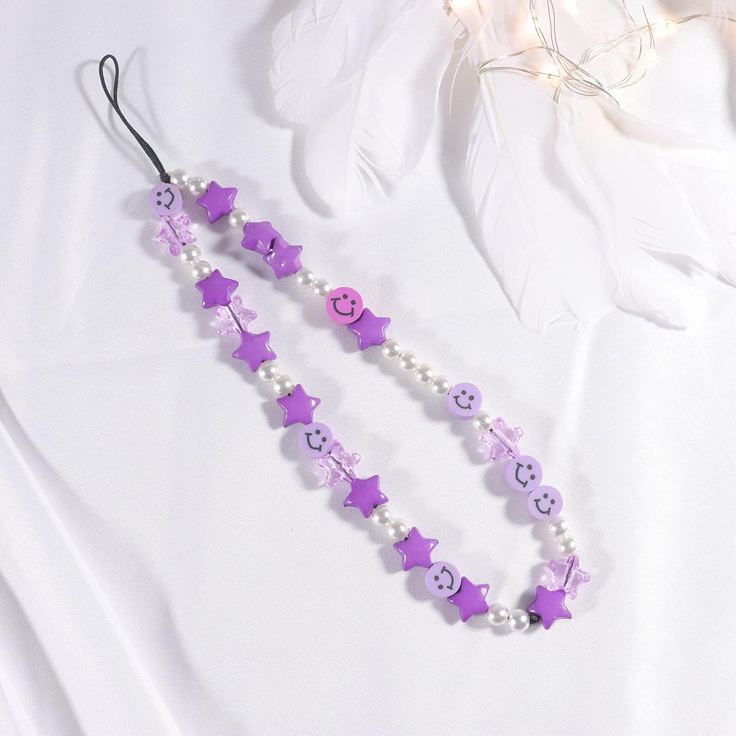 Phone Charm Lanyard, 1Pcs Smiley Face Beaded Phone Charm Strap Colorful Star Smiley Soft Ceramic Keychain for Women Girls