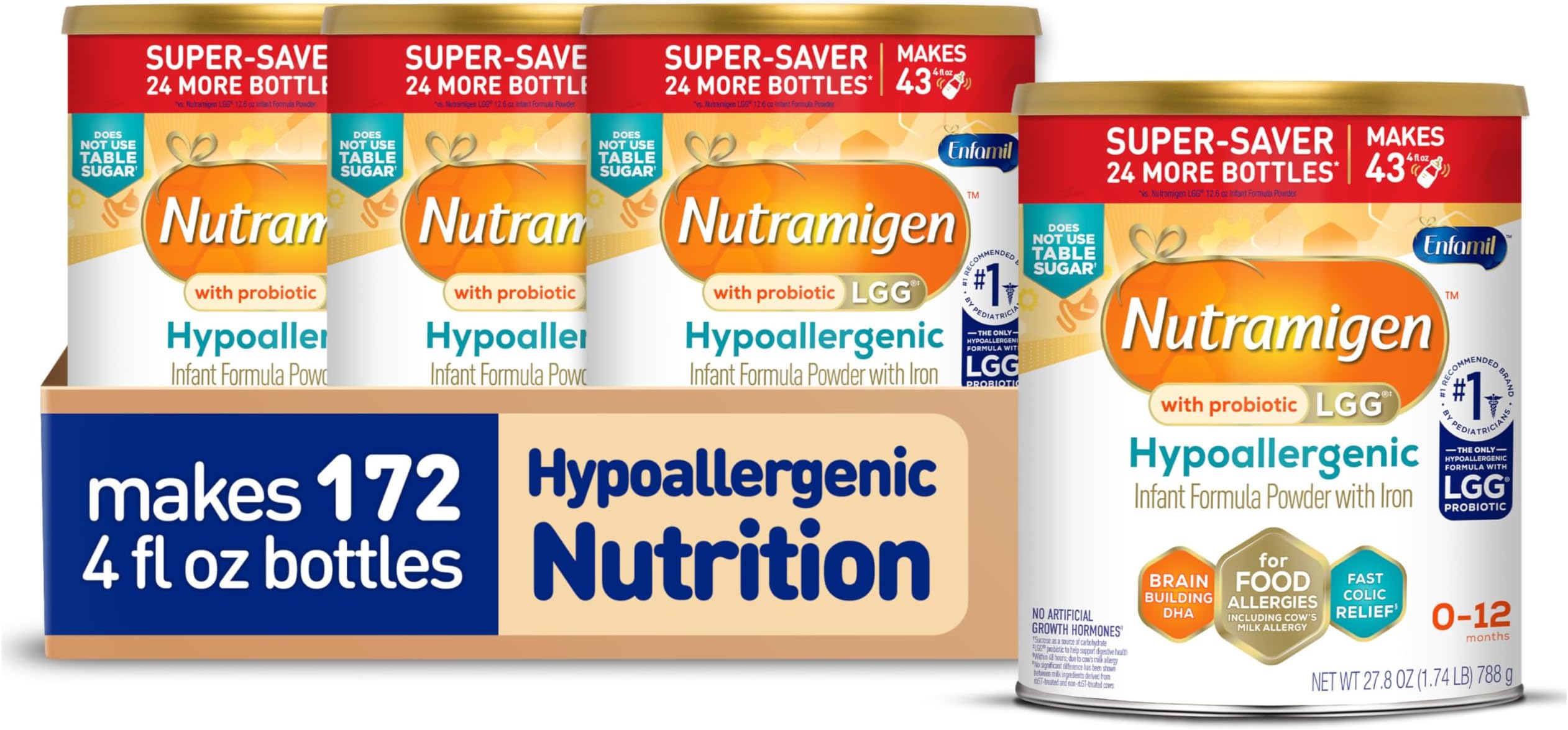 Nutramigen Hypoallergenic Baby Formula with Iron, Lactose Free, Colic Relief from Cow's Milk Allergy Starts in 24 Hours, Brain Building DHA, Probiotic LGG for Immune Support, 27.8 Oz, 4 Count