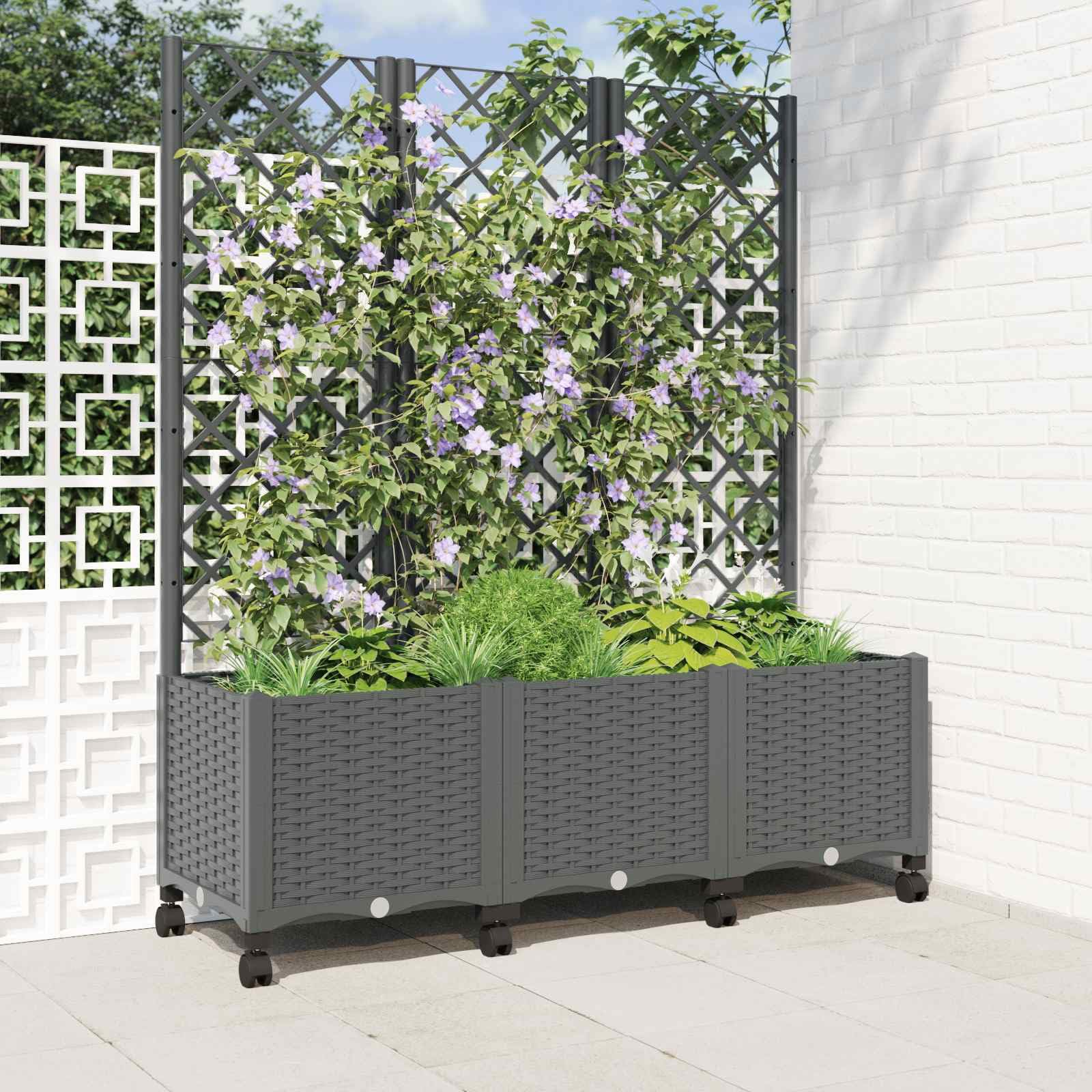 Pflanzkübel mit Spalier und Rädern Hellgrau 120 x 40 x 146 cm für Balkon Garten Terrasse, wetterbeständiger Pflanzkasten mit integriertem Gitter, Drainage, robustem Material