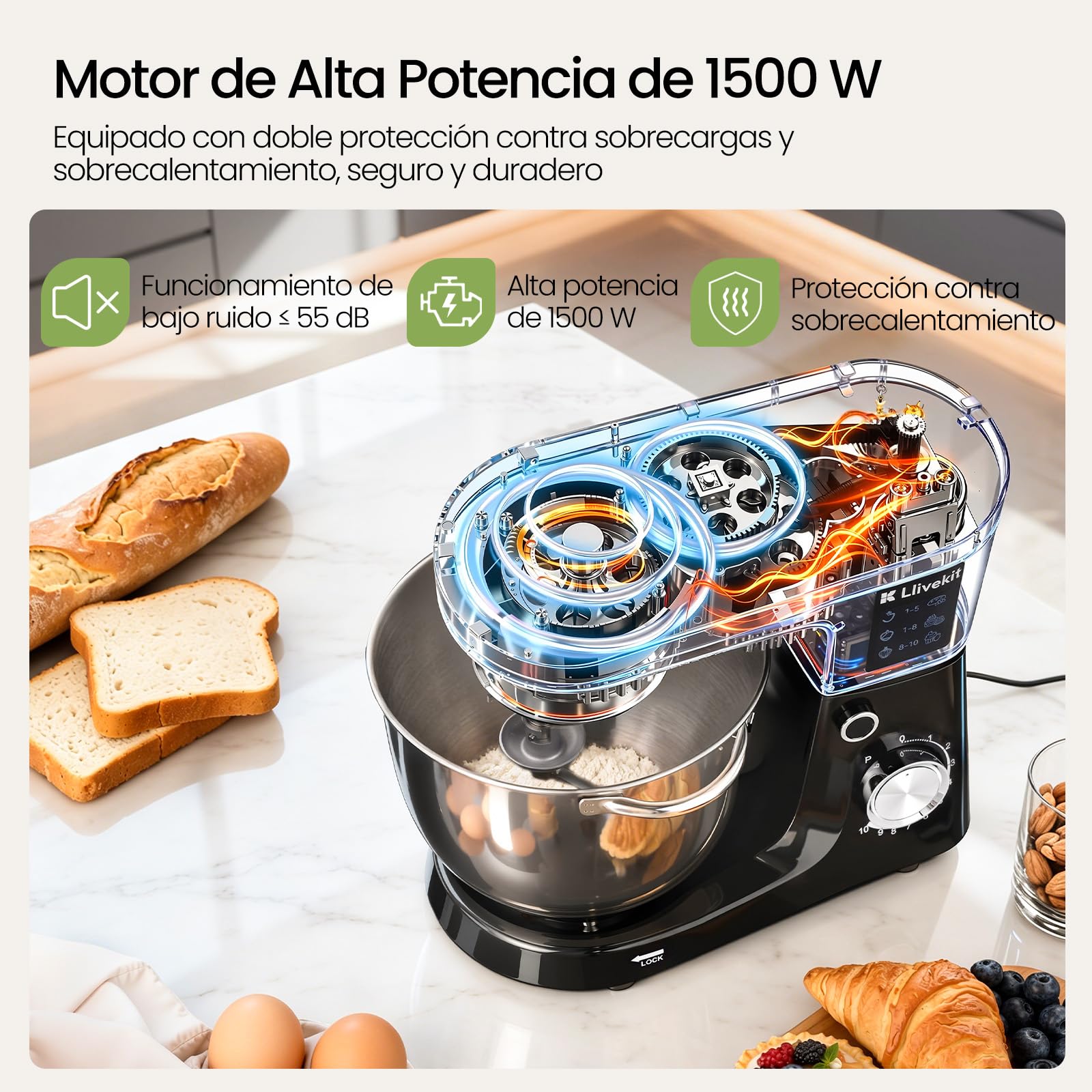 LLIVEKIT Batidora Amasadora con Bol 5,2 L, 10 Velocidades + Función Pulso | Robot Cocina 1500 W, Amasadora Pan y Reposteria, Batidora Multifuncional con Accesorios para Batir y Amasar, Bajo Ruido
