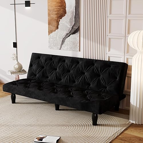 65"W Futon Sofa Bed, Velvet Convertible Loveseat Sofa with 3-Level Adjustable Backrest, Comfy Tufted Sleeper Couch Bed,Upholstered Recliner Modern Couch for Living Room, Bedroom, Apartment(Black)