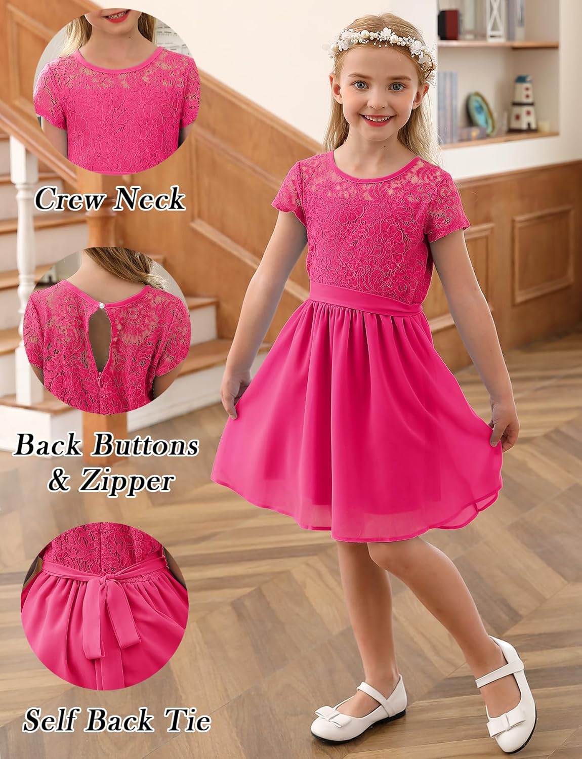 YOVION Flower Girls Dress Crew Neck Elegant Lace A-Line Formal Wedding Party Dresses for 6-12 Years