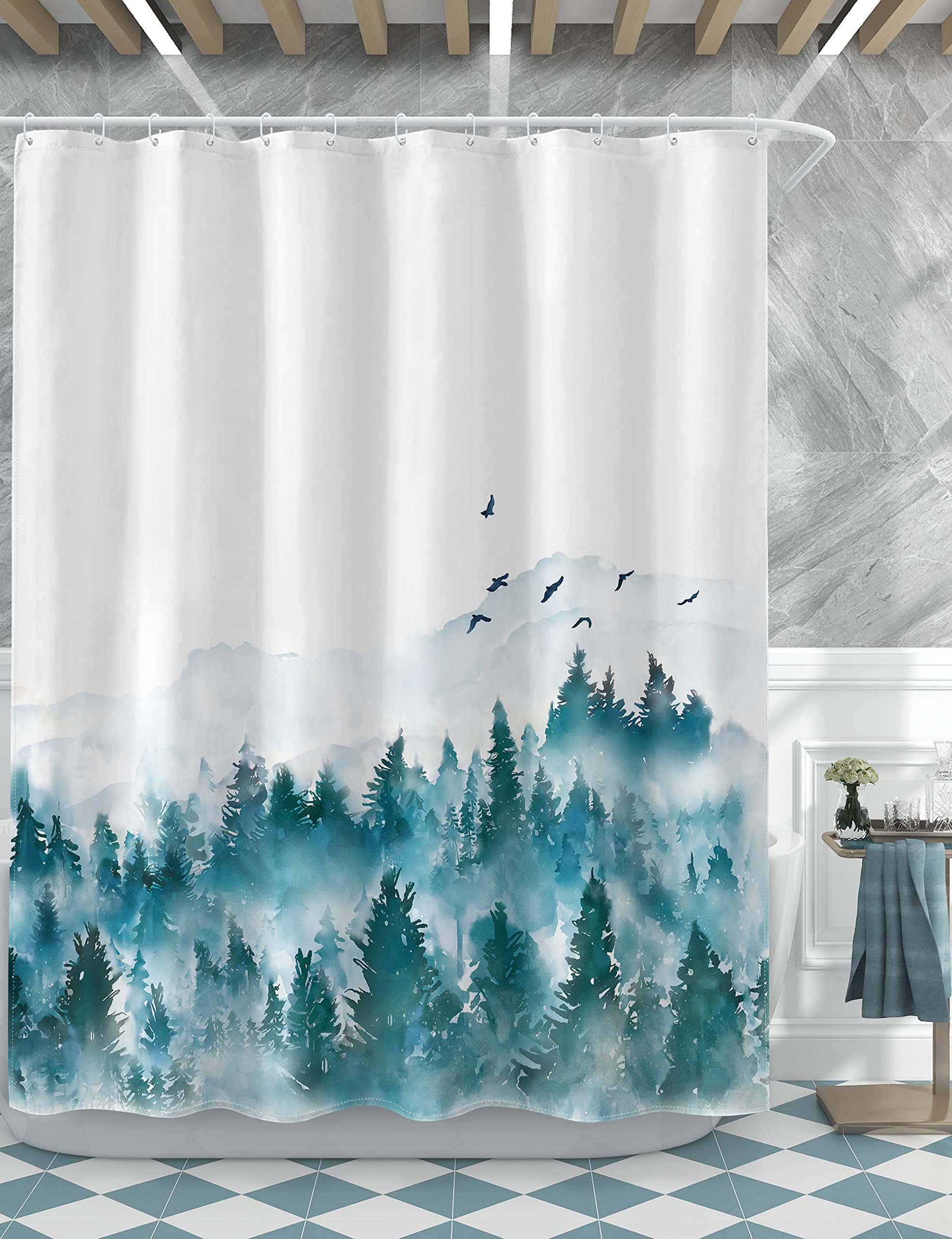 Takfot Forest Shower Curtain Teal Blue Nature Foggy Mountain Misty Tree Farmhouse Bathroom Fabric Shower Curtains Sets with Hooks for Stall Tub, 72" x 72"