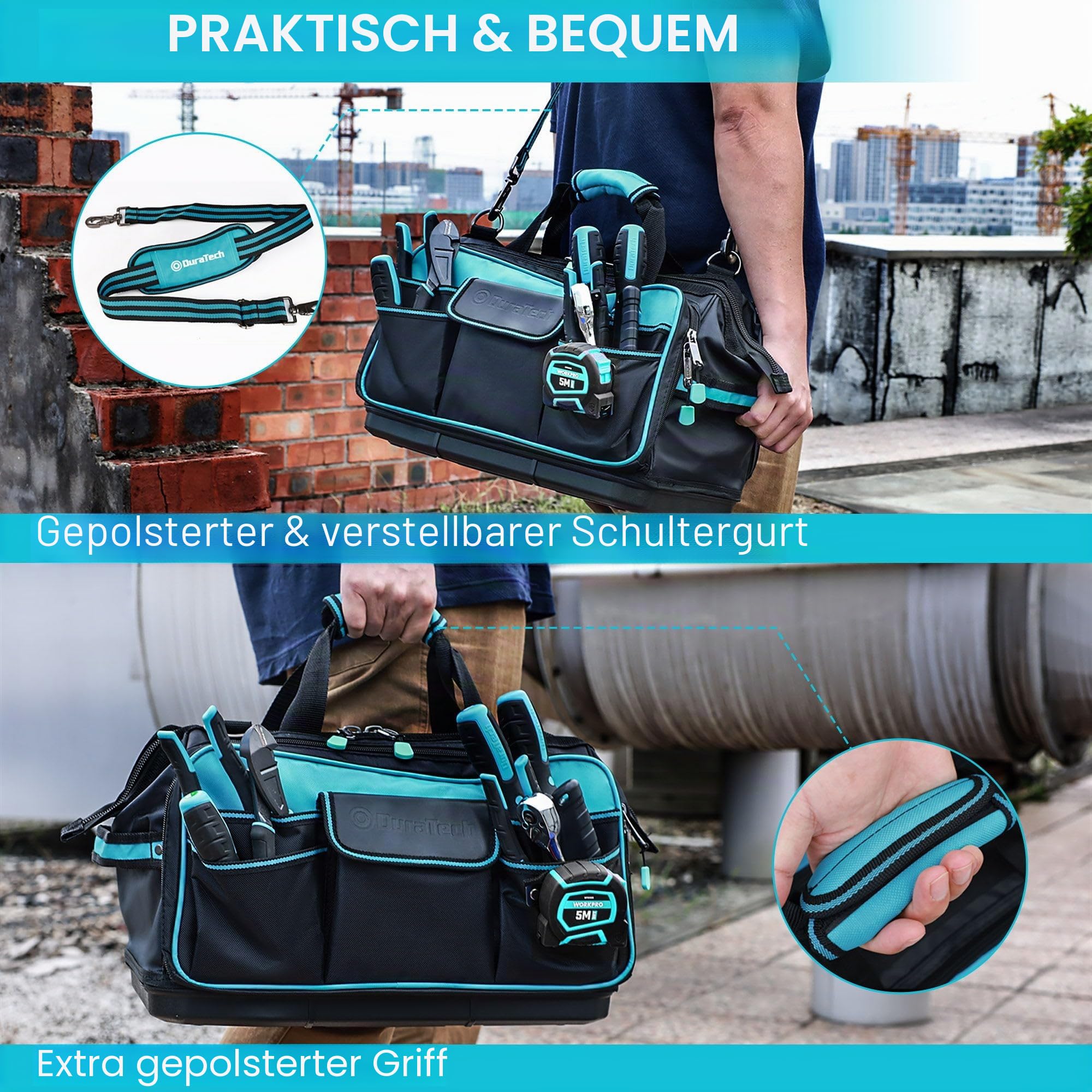 DURATECH Werkzeugtasche Elektriker 43cm, Wasserdicht, 32 Taschen | 840D Polyester, breite Öffnung, hohe Kapazität, verstellbarer Gurt, Clip-Design, für Heimwerker und Handwerker