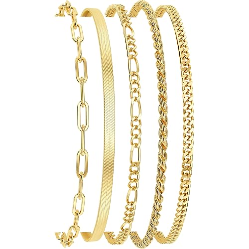DEARMAY 14K Gold Plated Bracelets for Women, Jewelry Sets Cute Tennis Beaded Bracelets Cuban Link Paperclip Chain Dainty Bracelet Pack Gifts