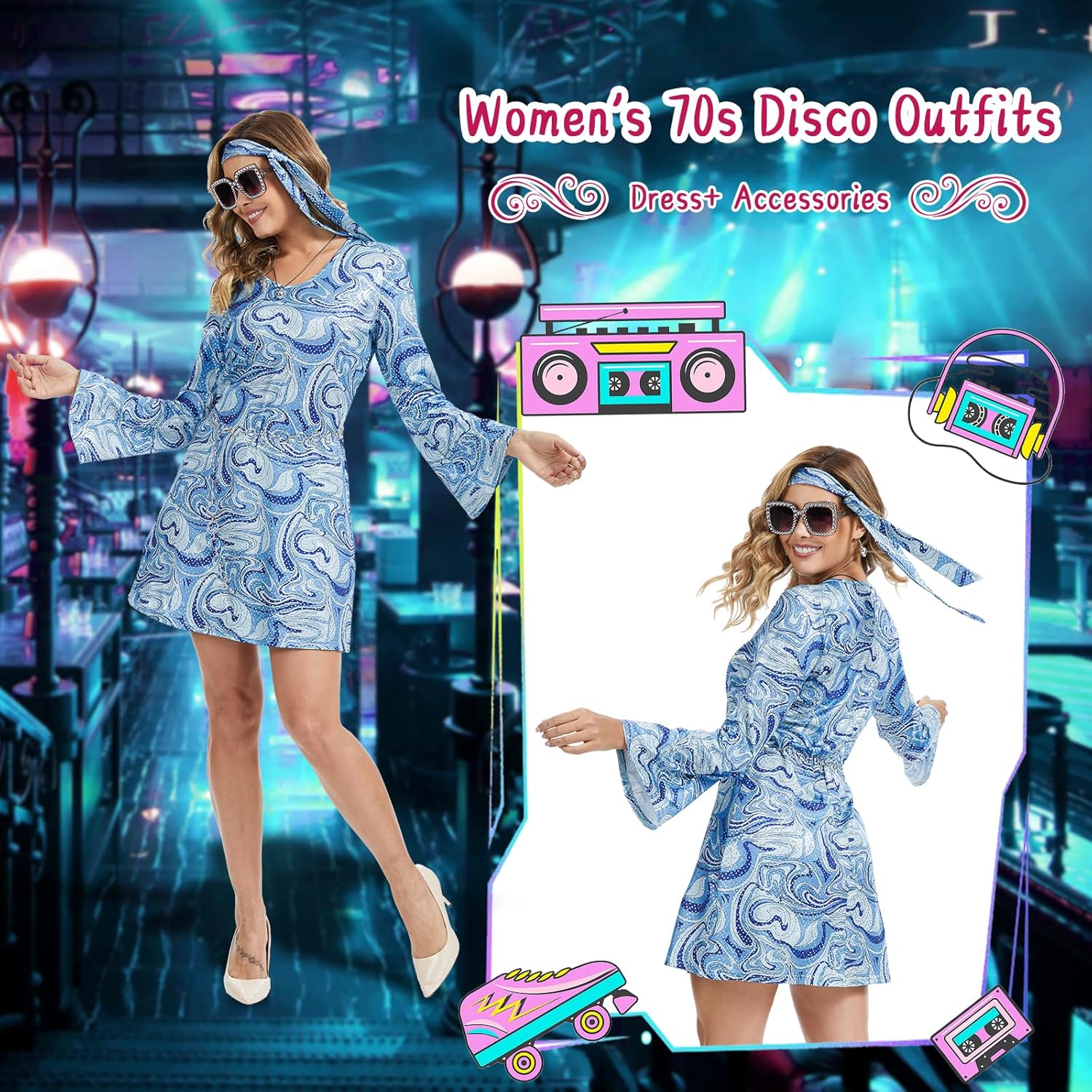 70s Disco Outfits Dress,7 PCS 70s Hippie Costume for Women Necklace Earrings Glasses Bracelet and Waist Chain - Image 2