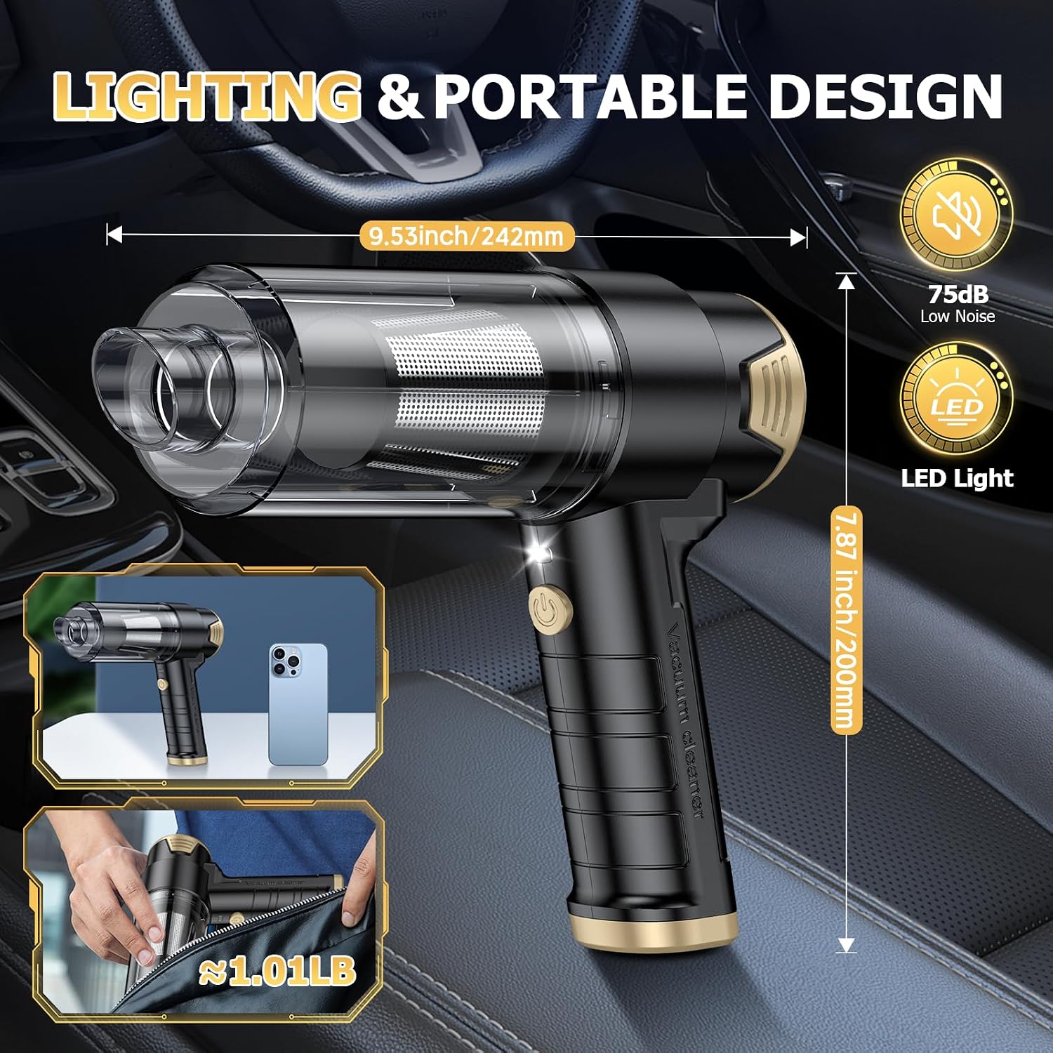 Handheld Car Vacuum Cleaner Cordless, 16000PA Hand Held Vacuum Portable, 2 in 1 Air Duster and Mini Vacuum Cleaner Rechargeable with LED, Multi-Nozzles & Washable Filters for Home Office Car Pet