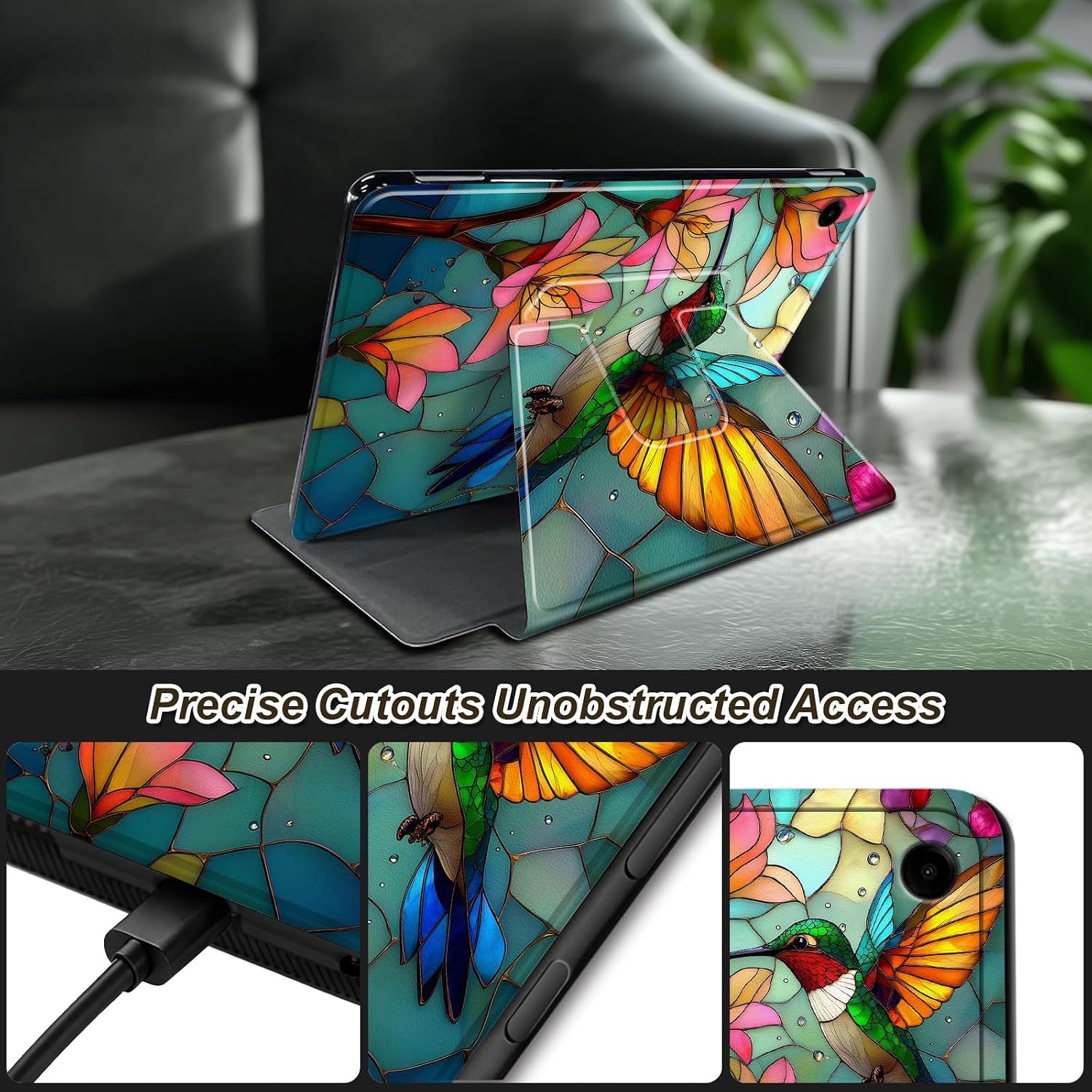 Case for Samsung Galaxy Tab A11 Plus 11" 2025/A9 Plus 11 Inch 2023, 360 Degree Rotating Swivel Stand Flip Cover with Auto Sleep/Wake, Stained Glass Hummingbird image 5