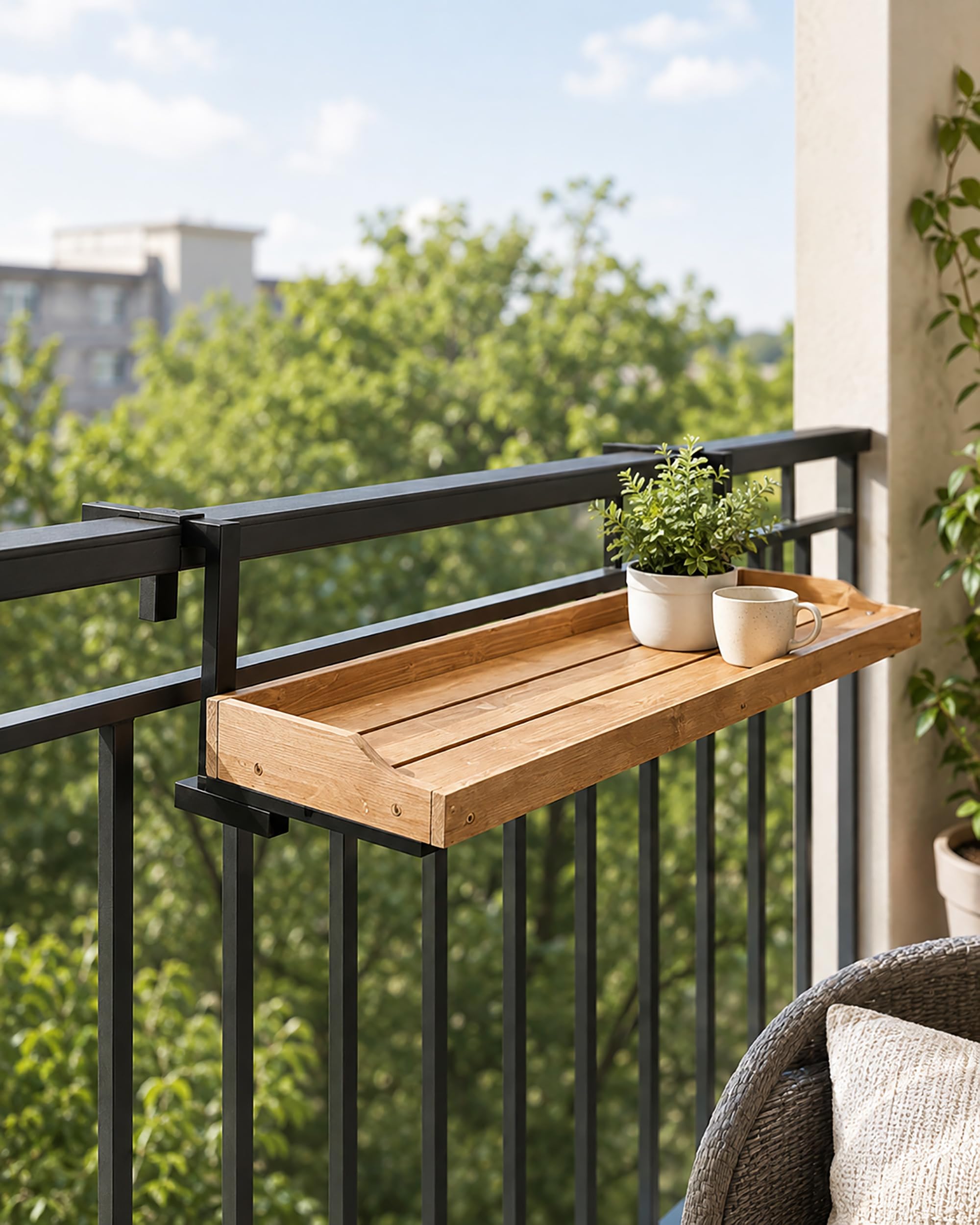 Tavolino da Balcone Pieghevole Sospeso - Tavolo per Ringhiera Regolabile in Legno - Salvaspazio Esterno per Piante e caffè - con Ganci in Ferro e Bordo 25cm | ,Natural,L120×W25cm