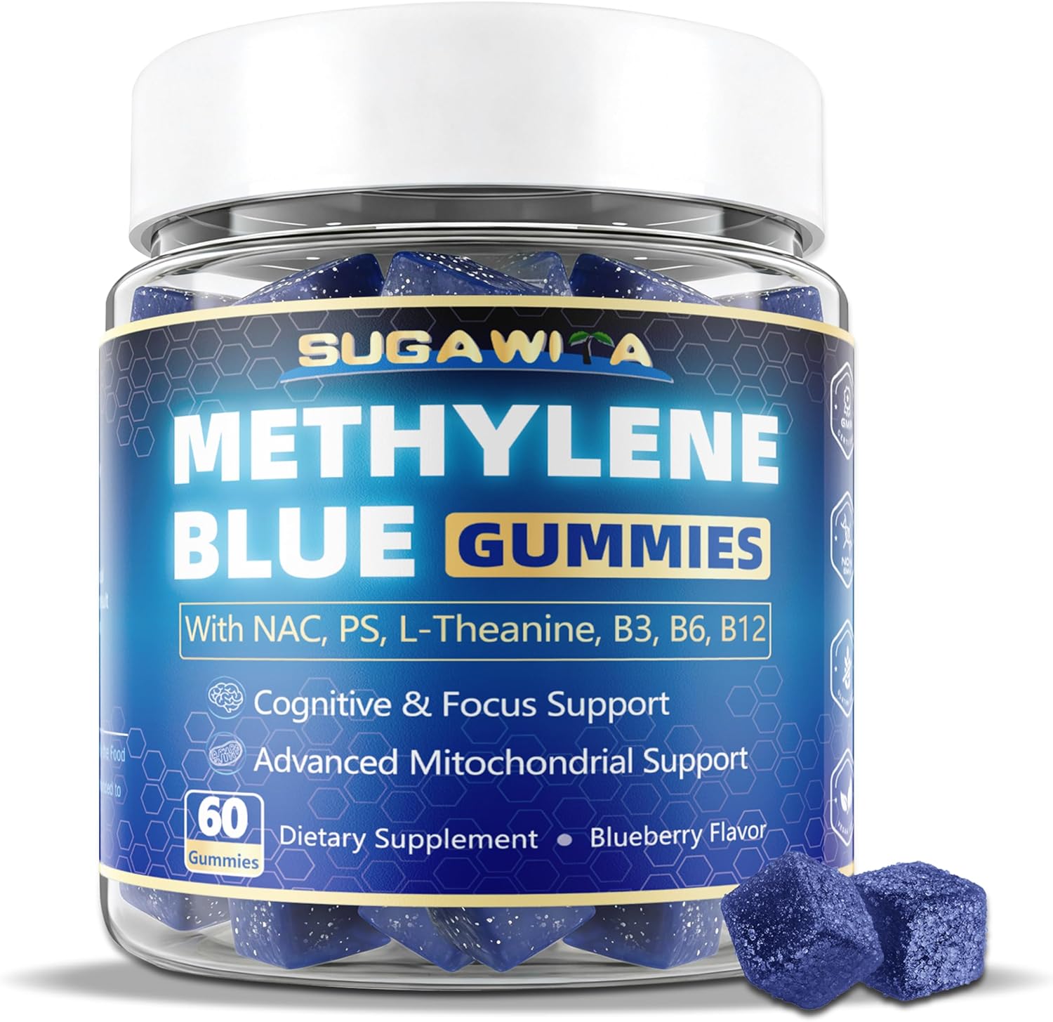 Methylene Blue Gummies 10mg for Humans, 8-in-1 Brain Supplements with NAC, B3, B6, B12, L-Theanine & PS, Brain & Mitochondrial Support, Enhances Energy, Focus and Cognitive, Pure, Vegan, 60 Counts