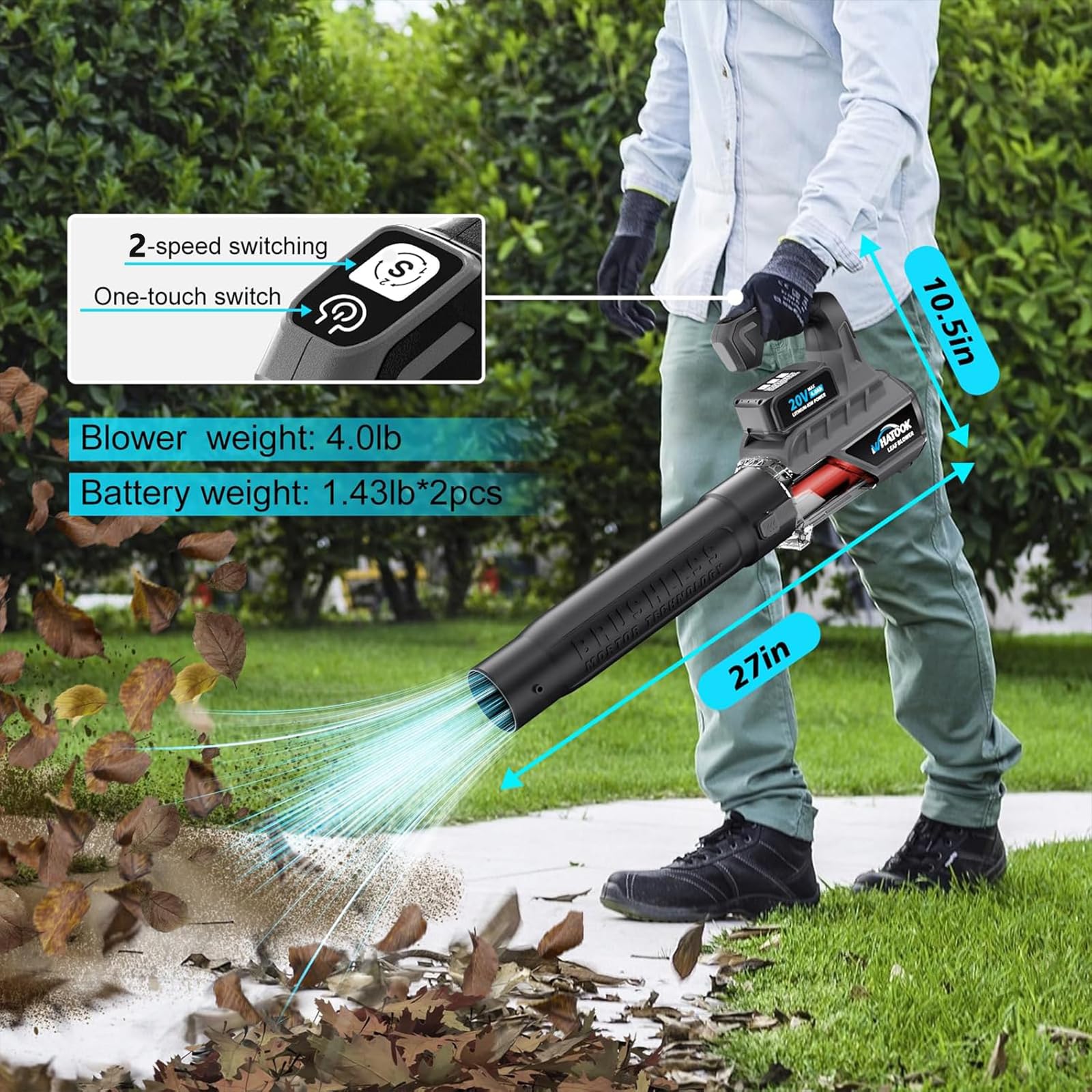 Soffiatore per Foglie a Batteria Elettrico da Giardino Aspirapolvere e Trituratore Trinciatrice Leggera 18300 Giri/min con Caricabatterie la Cura del Prato Talee Polvere Patio Neve Host + battery*2