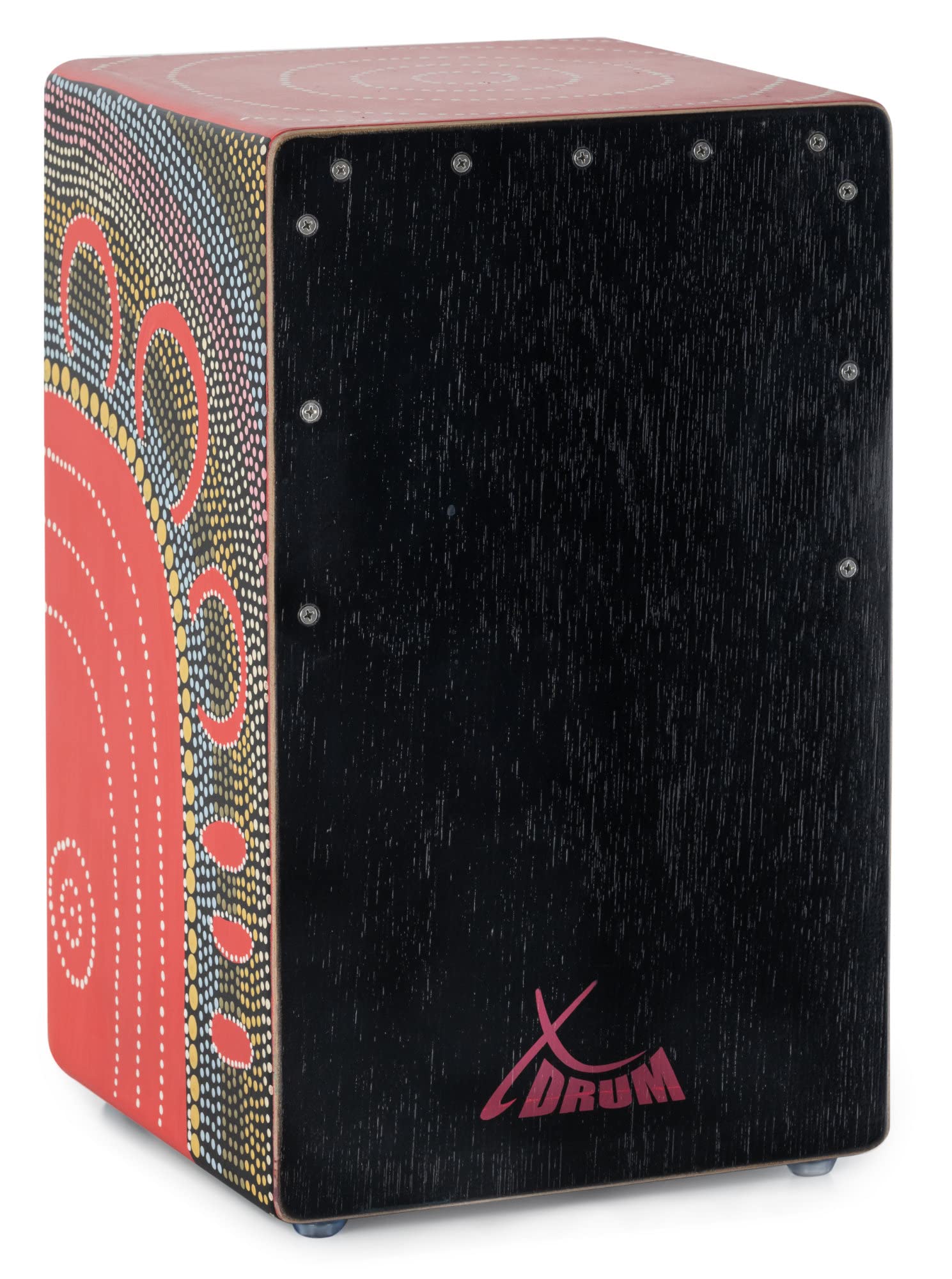 XDrum Design Series Cajon “Flower” - Handbemalte Designer-Cajon mit Dot Art-Blumen - Integrierter Bass Port - Korpus aus HPL (High Pressure Laminate) - Fest installierter Snare-Teppich