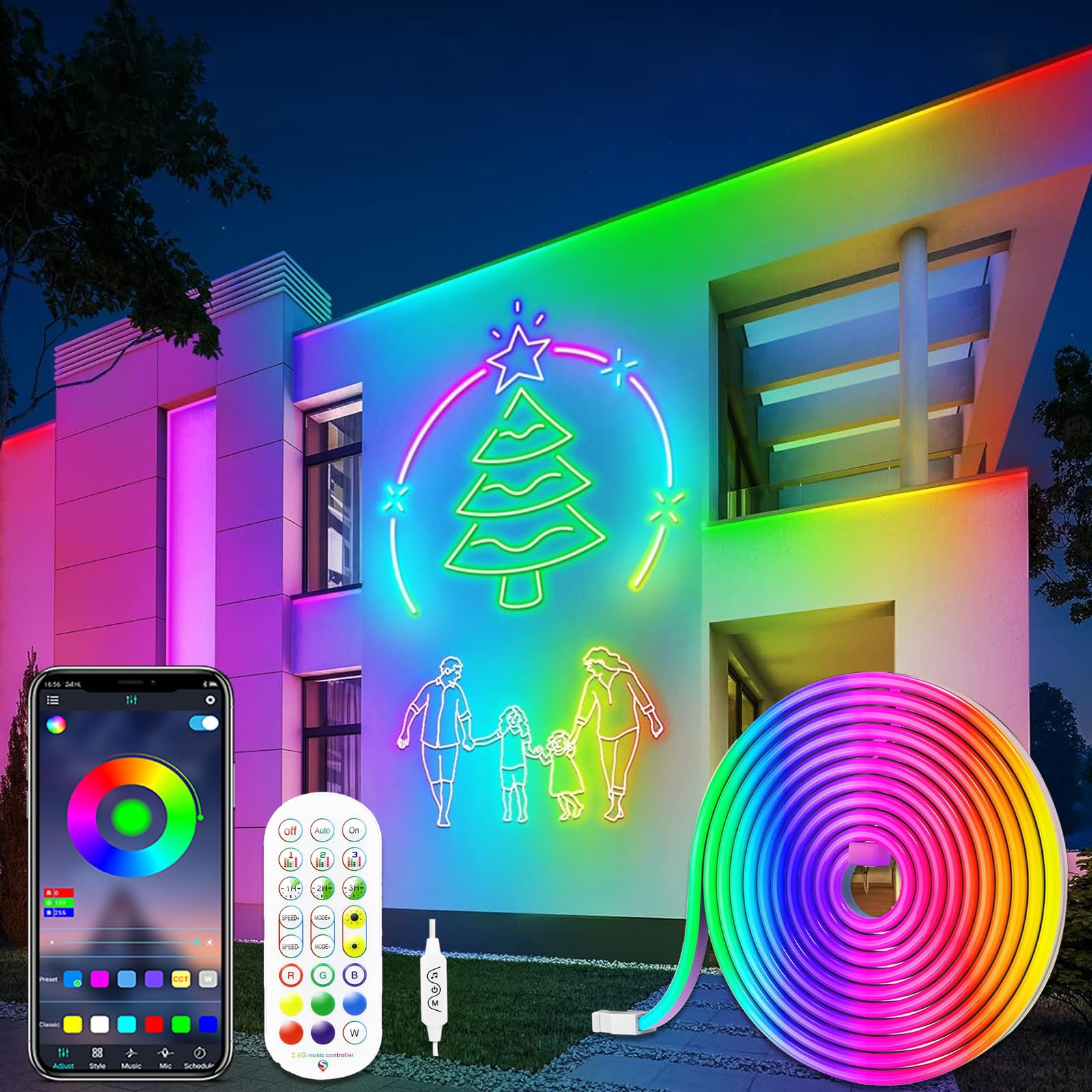 LED Strip Lights 5M,Neon Rope Bluetooth RGBIC Lumi Light Strips with App & Remote,Color Changing Led Lights for Bedroom,Music Sync Dimmable Lighting for Room, Kitchen, Ceiling & Party Decor